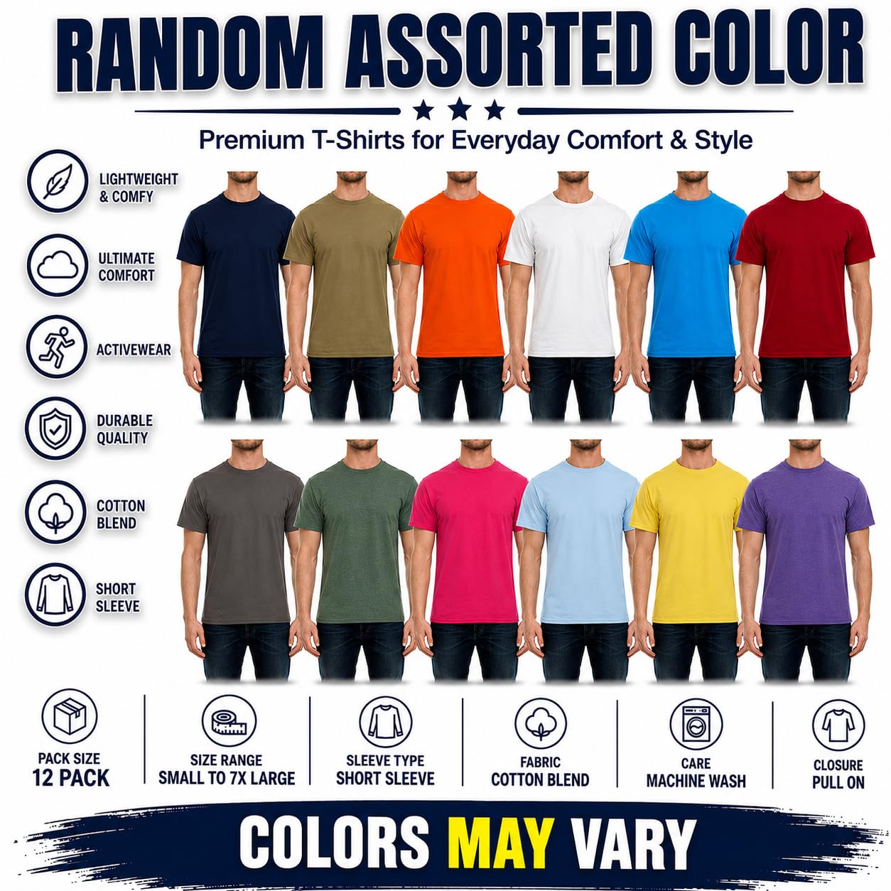SOCKS'NBULK 12 Pack Wholesale Mens Soft Cotton Slim Fit Crew Neck Short Sleeve T-Shirts Mix Colors Bulk Size
