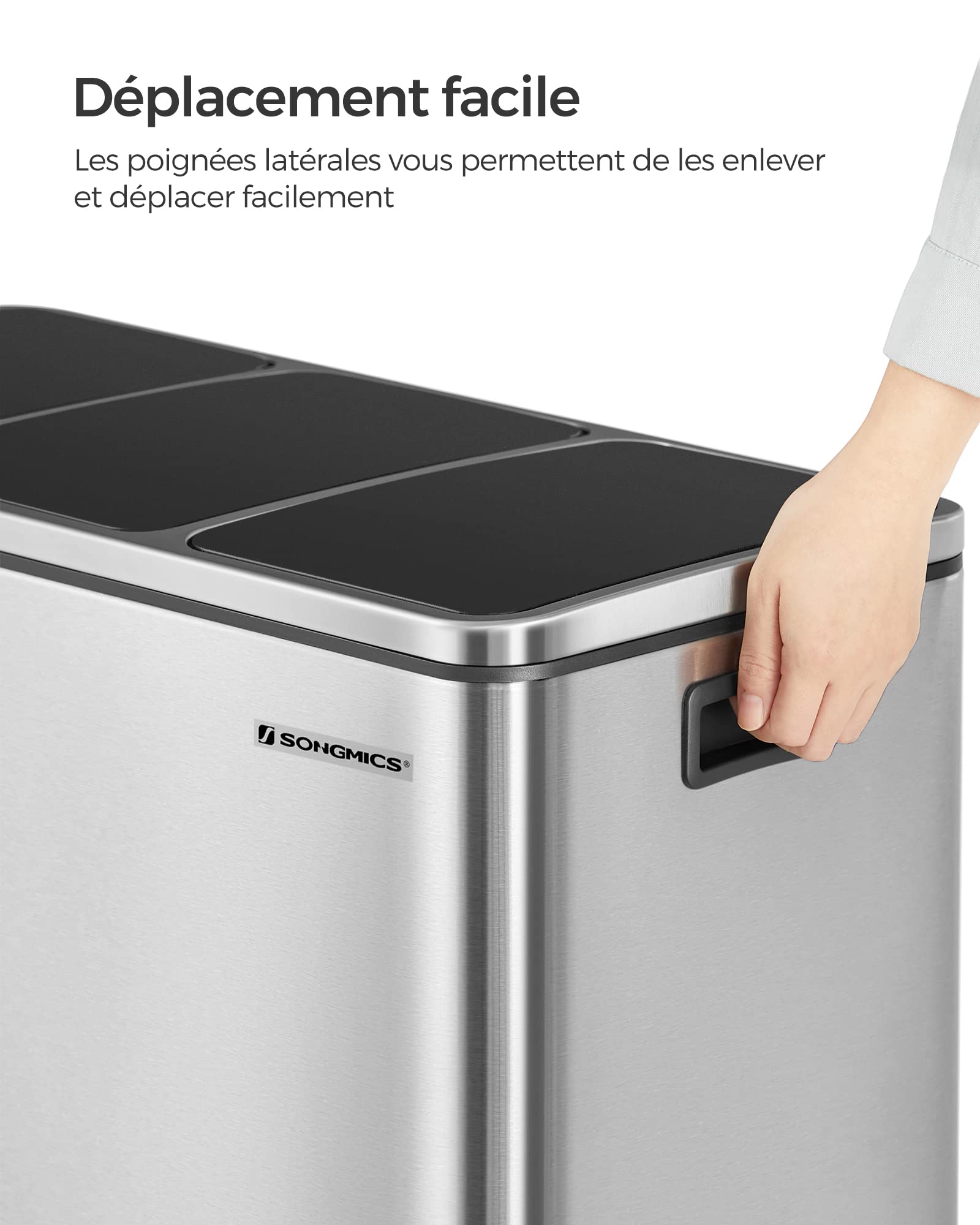 SONGMICS Poubelle Cuisine 3x18L Tri Compartiments Acier Argent Métallique Noir LTB54NL