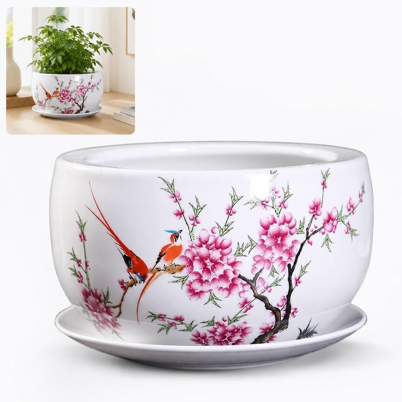 ZeptiHOM Ceramic Planter with Saucer Flower Pot with Pink Plum Blossom Bird Pattern Round Decorative Succulent Pots (pink,28 * 17cm)