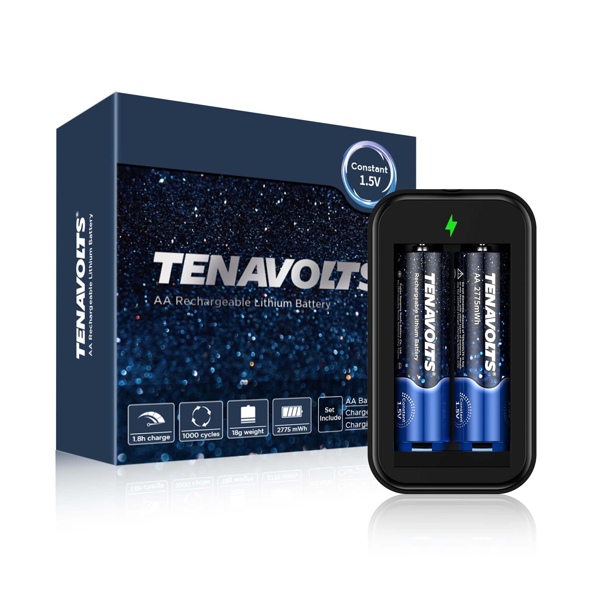 TENAVOLTS 1.5V Lithium Rechargeable AA Batteries, AA Battery for Xbox Controller, AA Rechargeable Batteries for Blink Camera with USB Cable Type C Port, 1.8 Hour Fast Charging, 2 Count with Charger