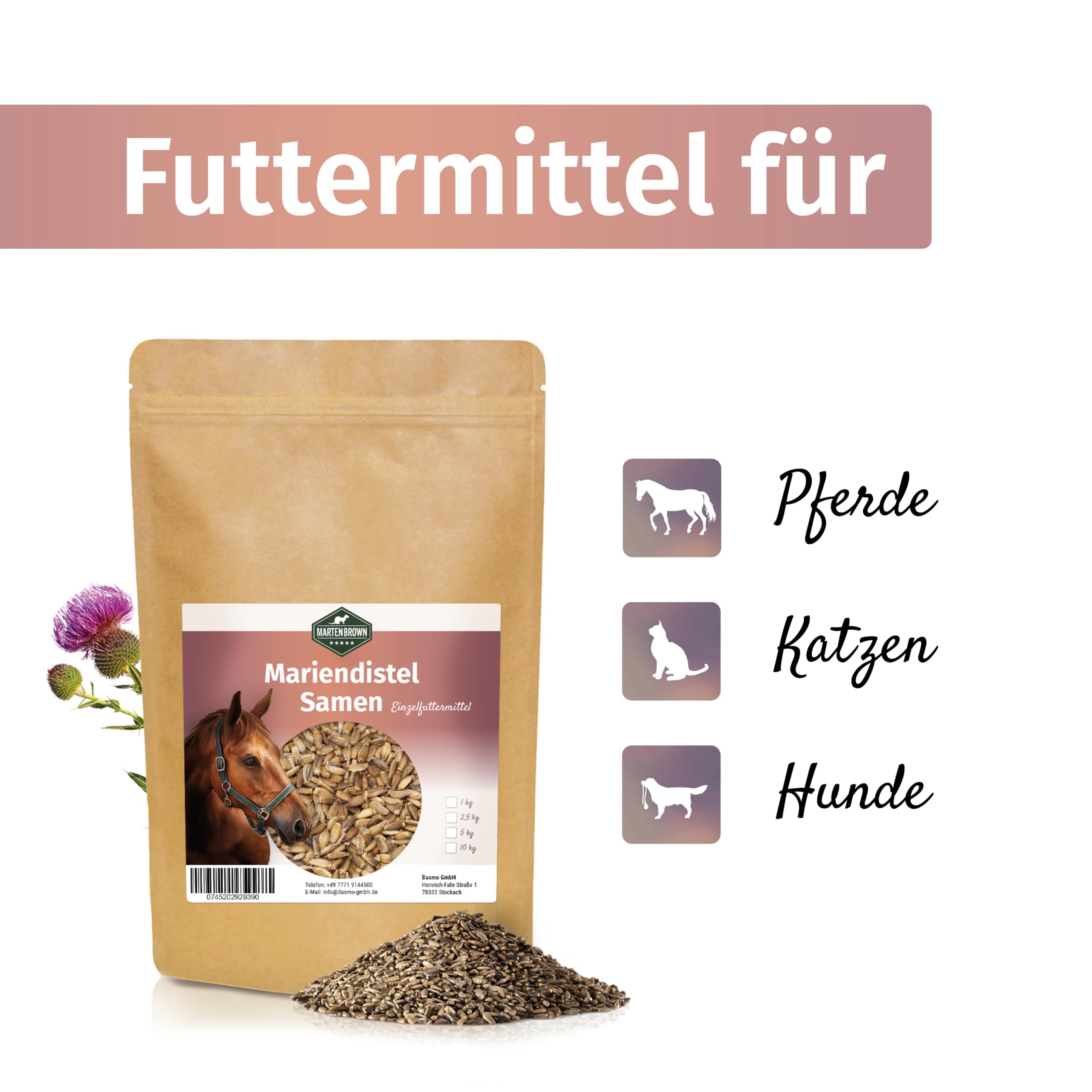 Martenbrown® Nasiona ostropestu plamistego 2,5 kg dla koni, psów i kotów – całe nasiona ostropestu plamistego bez dodatków - 100% produkt naturalny
