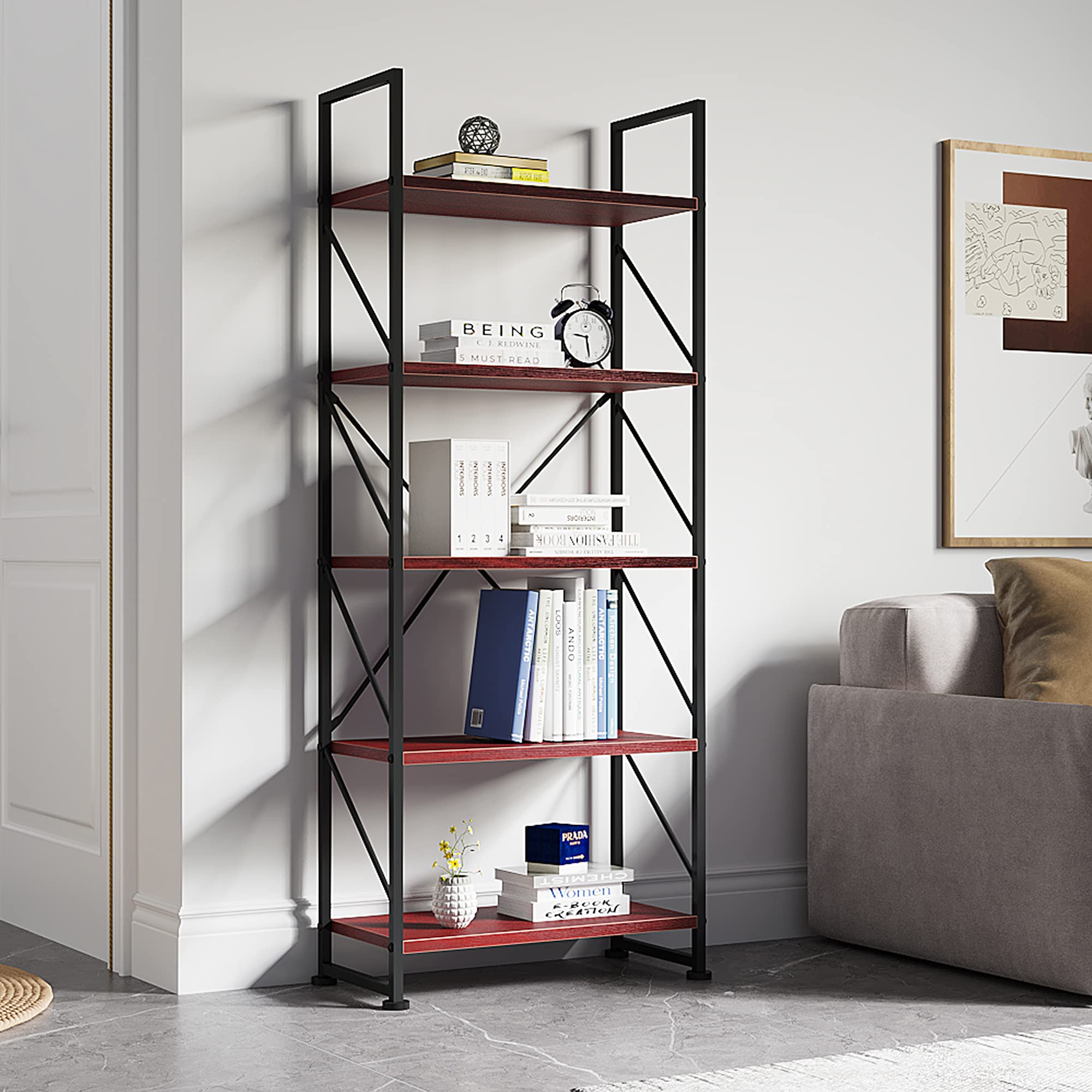 YITAHOME 5 Tiers Bookshelf, Artsy Modern Bookcase, Book Rack, Storage Rack Shelves Books Holder Organizer for Books/Movies in Living Room/Home/Office - Cherry (FTOFBC-0013)