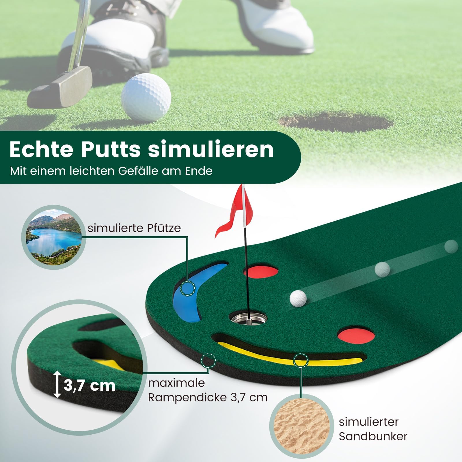 COSTWAY 300 x 96cm Golf Puttingmatte, Putting Green für Indoor & Outdoor, Golfmatte faltbar mit 3 Putting Cups & 1 Fahne, Golf Übungsmatte Trainingsmatte für Zuhause, Büro