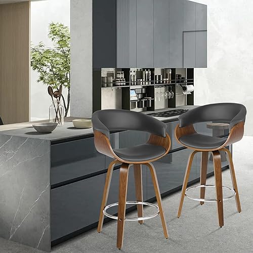Miniatura 6 de Taburetes de bar giratorios con patas de madera de madera de nogal bentado, altura de barra de 28.7 pulgadas, taburetes de bar tapizados de piel