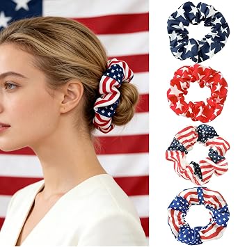 Vintage American Flag Hair Scrunchies 4Pcs Patriotic Star Striped Hair Ties 4th of July Independence Day Hair Accessories Soft Elastic Ponytail Holders for Women Party Daily Wear Decorations