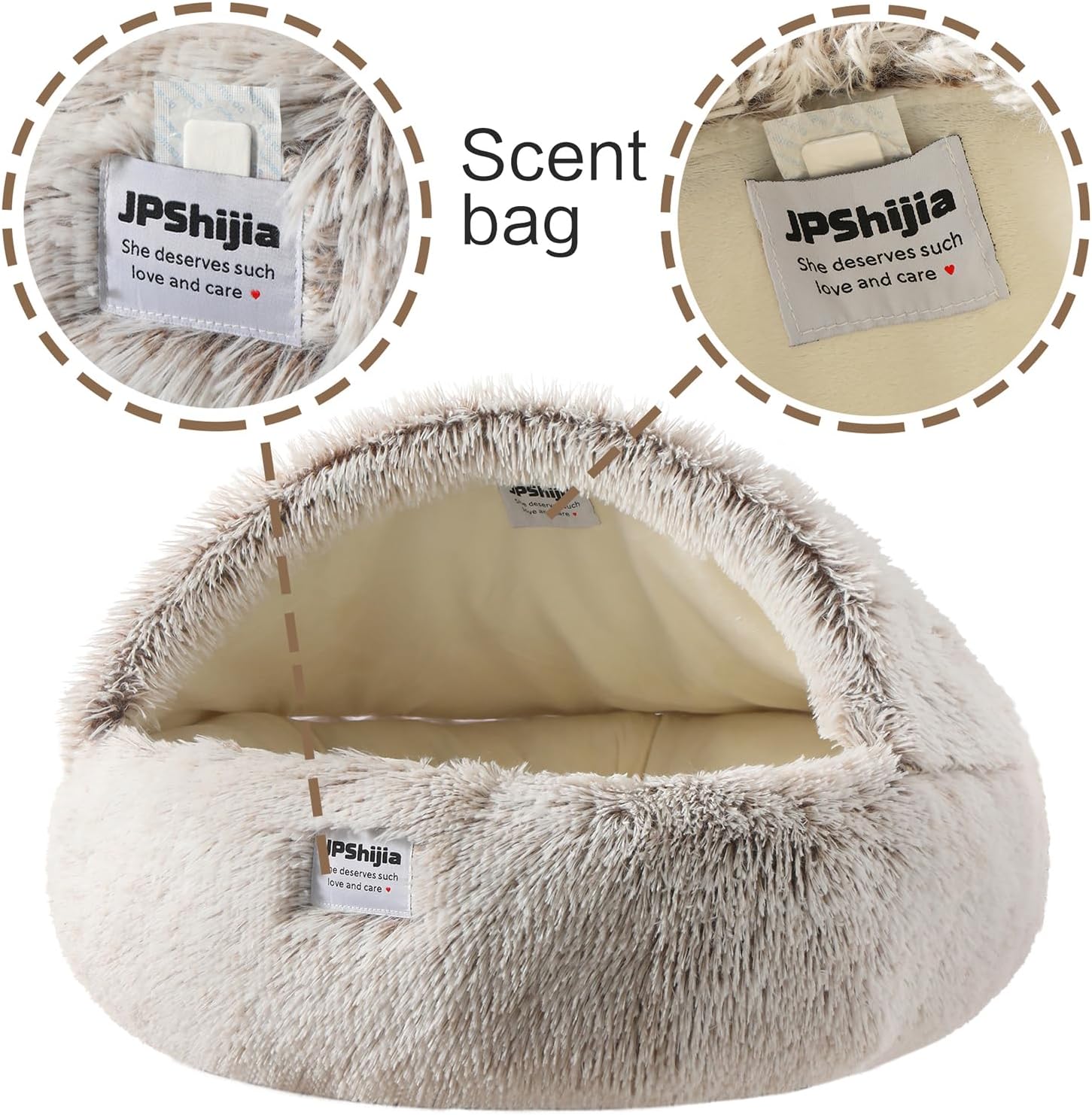 Hooded Dog Bed, Cat Cave Bed with Removable Hood, 2-in-1 Convertible Donut Cat Bed, All Season Fluffy Pet Bed for Cats Small Dogs (Cave Bed - Coffee Color, Large Size 23.6 in)