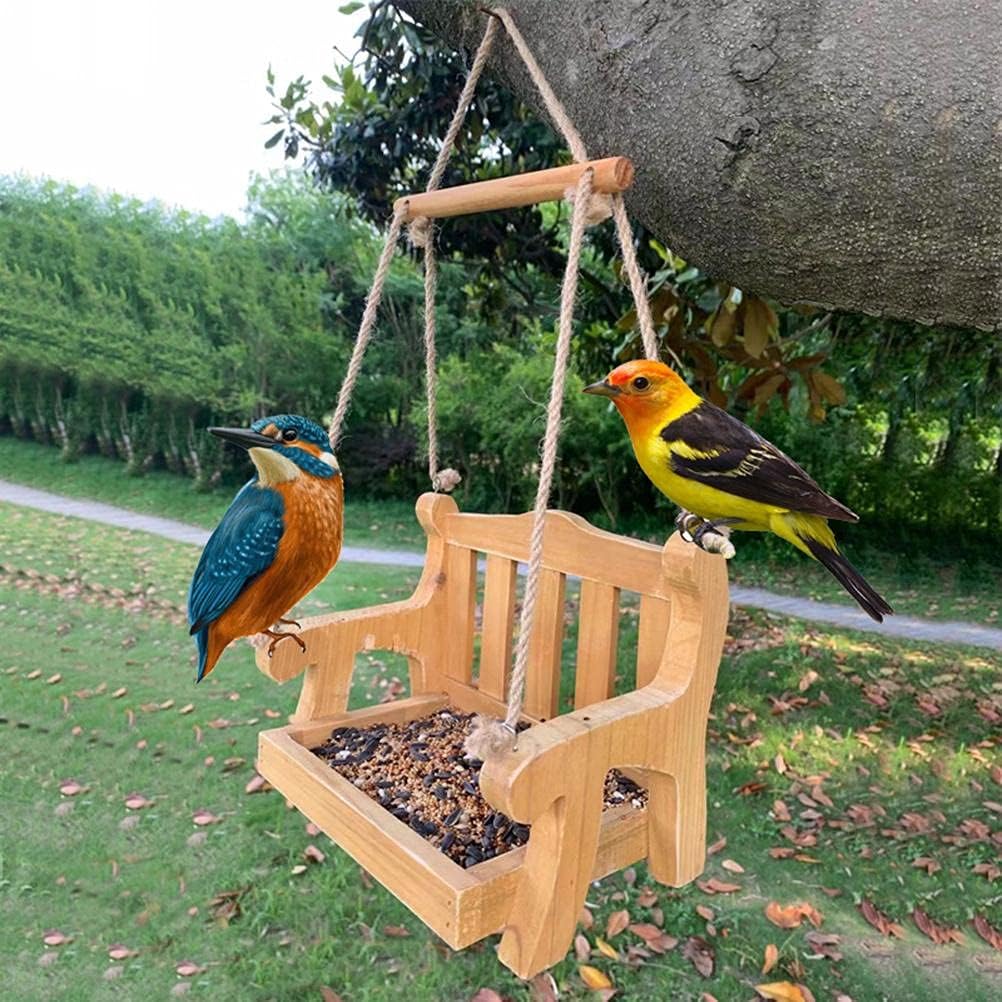 Window Bird Feeder Swing Wooden Wild Bird Feeders Chair Shape Birdfeeders Birdhouse for Outside, Outdoors Hanging