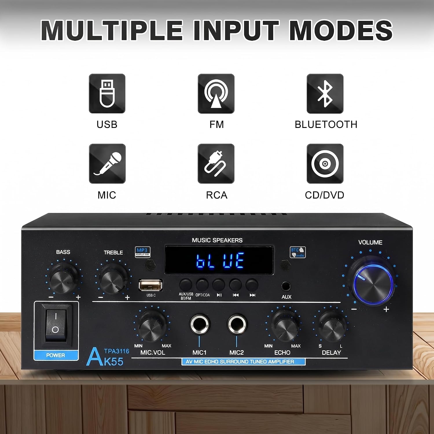 WOOPKER AK55 Stereo Audio Amplifier with Bluetooth 5.0,600W Max Home 2.0 Channel Power Stereo Amplifier Receiver System for Garage, Studio,Home Theater Speakers W/USB,RCA,AUX,MIC,Echo,Coax,Optical