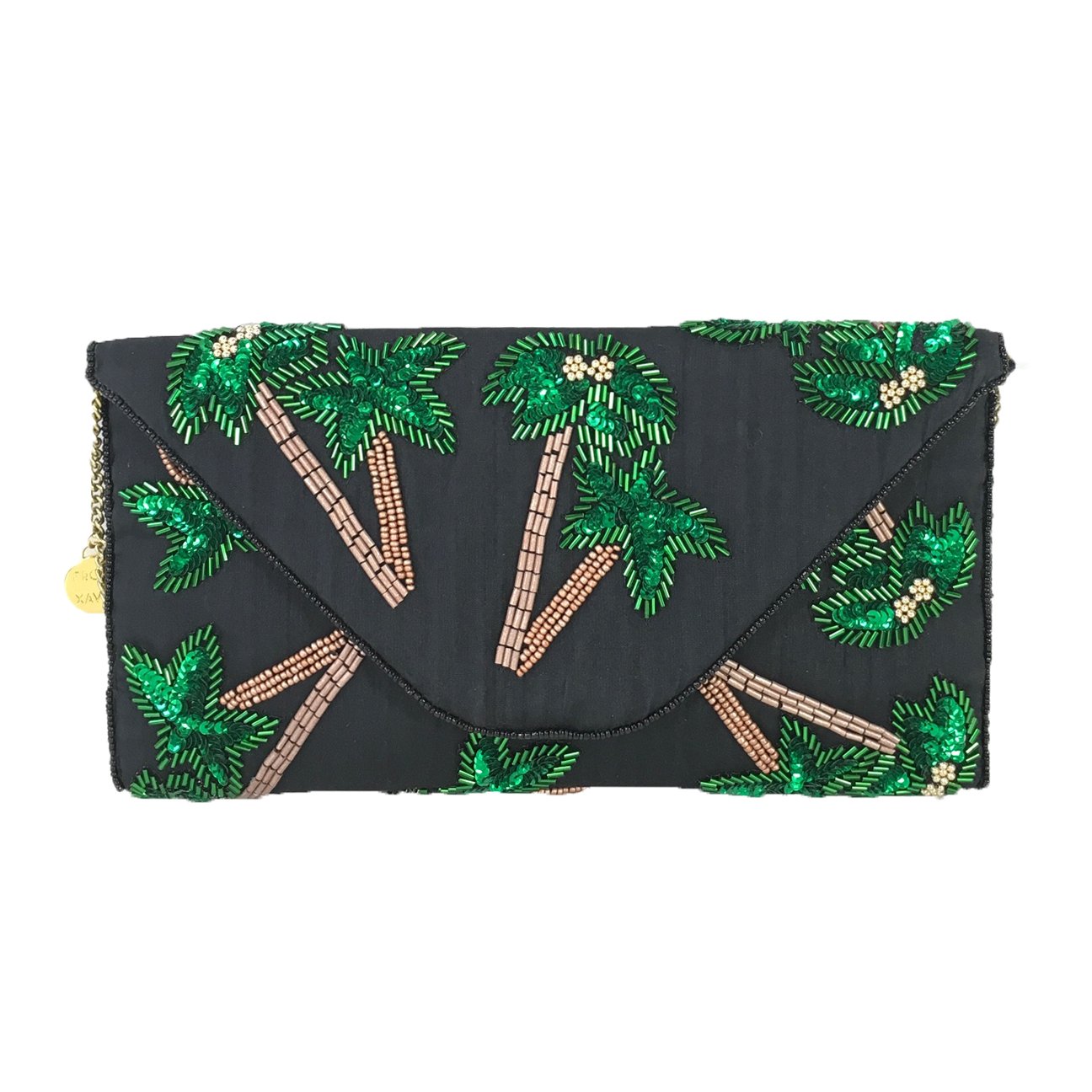 Tropica Palm Tree Beaded Convertible Clutch, Black/Green