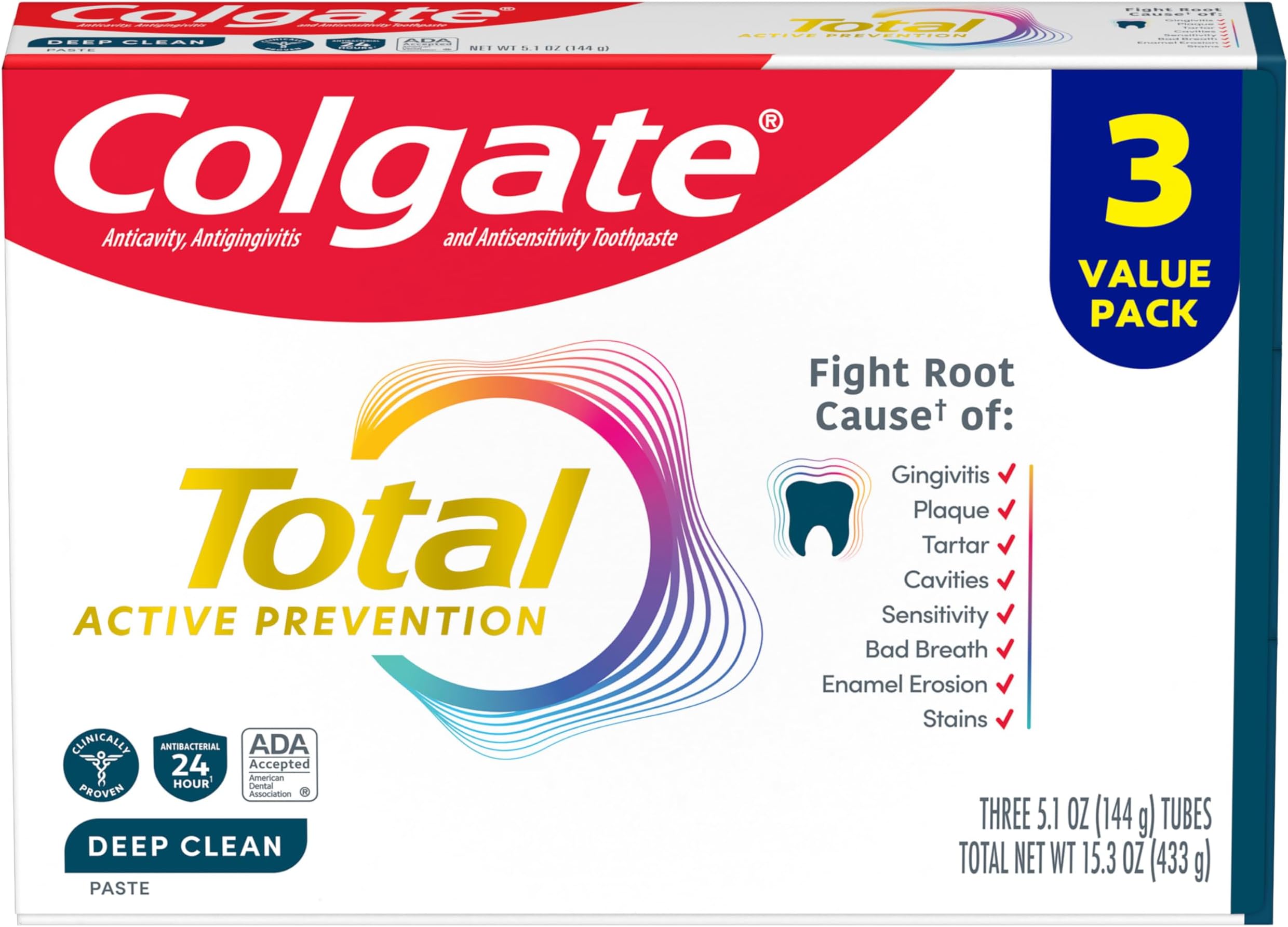 Colgate Total Active Prevention Deep Clean Toothpaste, Anticavity Fluoride Toothpaste, Clinically Proven Fluoride Formula Helps Fight Plaque Bacteria, Mint, 3 Pack, 5.1 oz