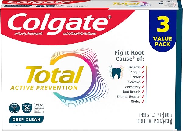 Colgate Total Active Prevention Deep Clean Toothpaste, Anticavity Fluoride Toothpaste, Clinically Proven Fluoride Formul