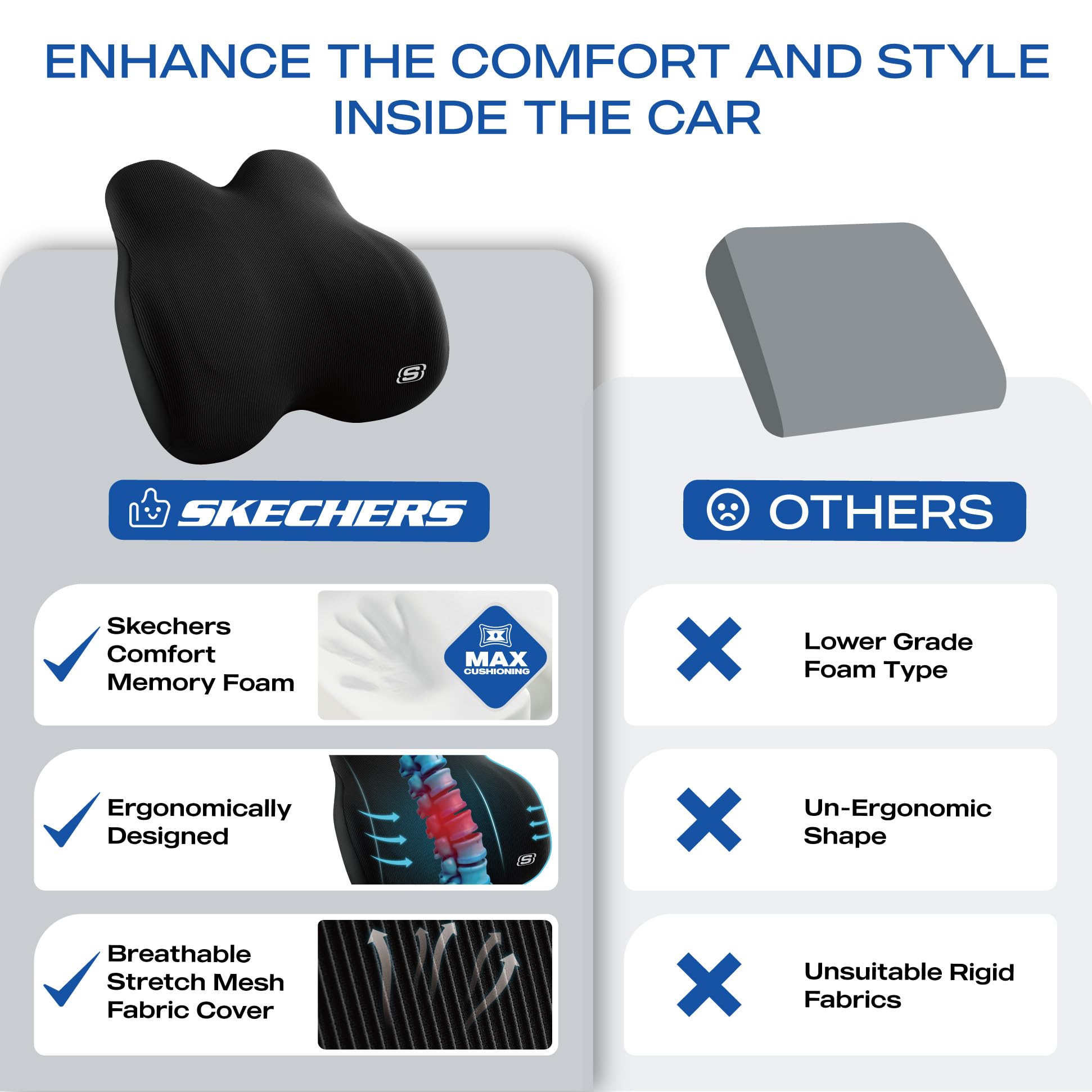 Skechers Lendenkissen aus Memory-Schaum, Lendenwirbelstützkissen für Büro, Stuhl, Schmerzlinderung im unteren Rücken, ergonomisches Design, Rückenstützkissen für Bürostuhl, Auto, Zuhause, Reisen