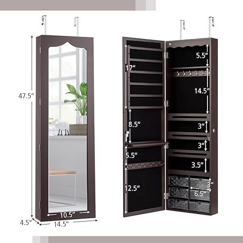 Miniatura 7 de HAPPYGRILL Armario de joyería montado en la pared, organizador de joyas con cerradura con espejo de longitud completa, 6 cajones y 5 LED, armario de