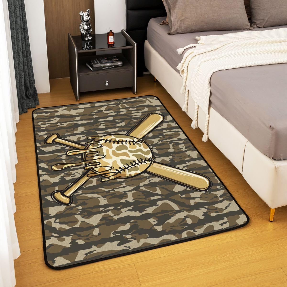 Camouflage Indoor Floor Mat Camo Area Rug 5x7 for Kids Boys Girls Decor Baseball Gaming Decor Carpet Breathable Soft Lightweight Microfiber Baseball Military Style Living Room Rugs for Bedroom