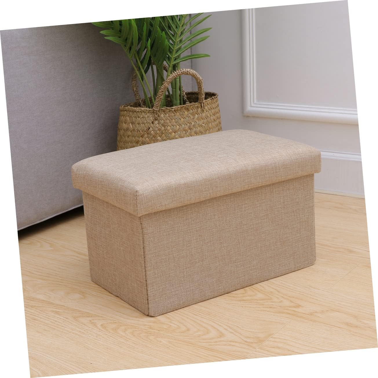 BESTOYARD Foldable Storage Bench with Toy Chest Linen Fabric Foot Rest for Bedroom and Living Room Beige and Linen Storage Box for Toys and Books