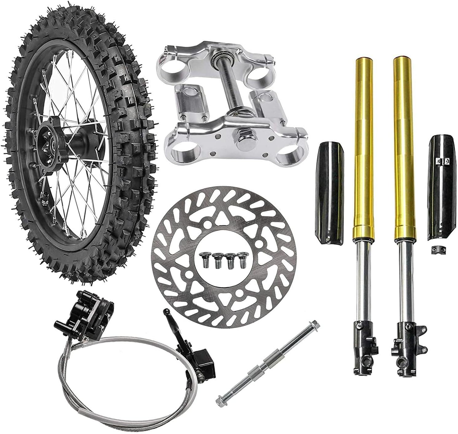 Front Forks Triple Clamps Disc Brake Kit with 14" Wheel 60/100-14 Tire and Rim for Dirt Pit Bike KX65 XR CRF70 50cc 70cc 90cc 110cc 125cc SSR Taotao Apollo Coolster