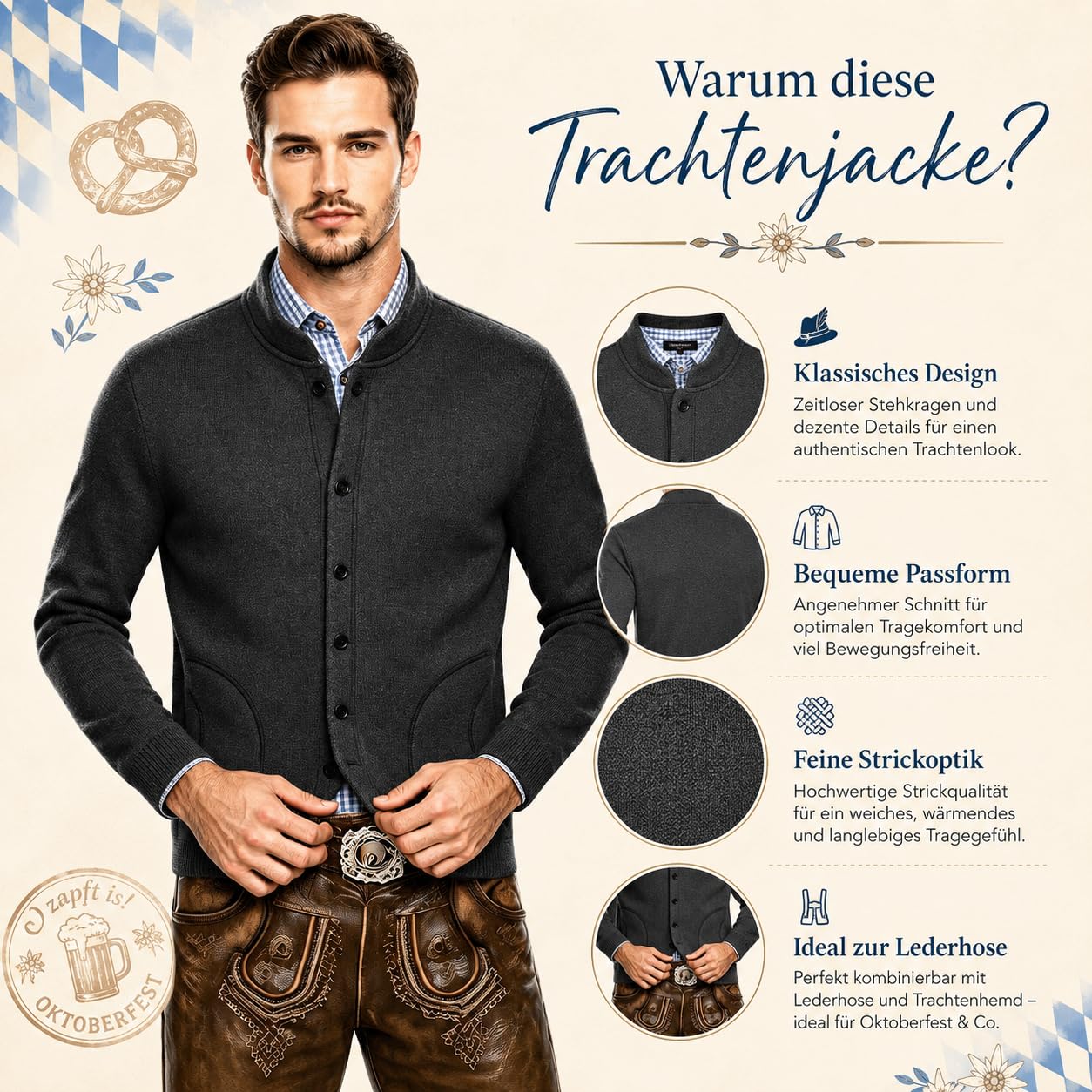 Trachtenjacke Herren - Traditioneller Trachtenjanker mit Knopfleiste, Strickjacke Herren, Oktoberfest Outfit, Lederhosen Jacke, Trachtenweste, Trachtenmode für Männer, Dunkelgrau und Grau, L-5XL