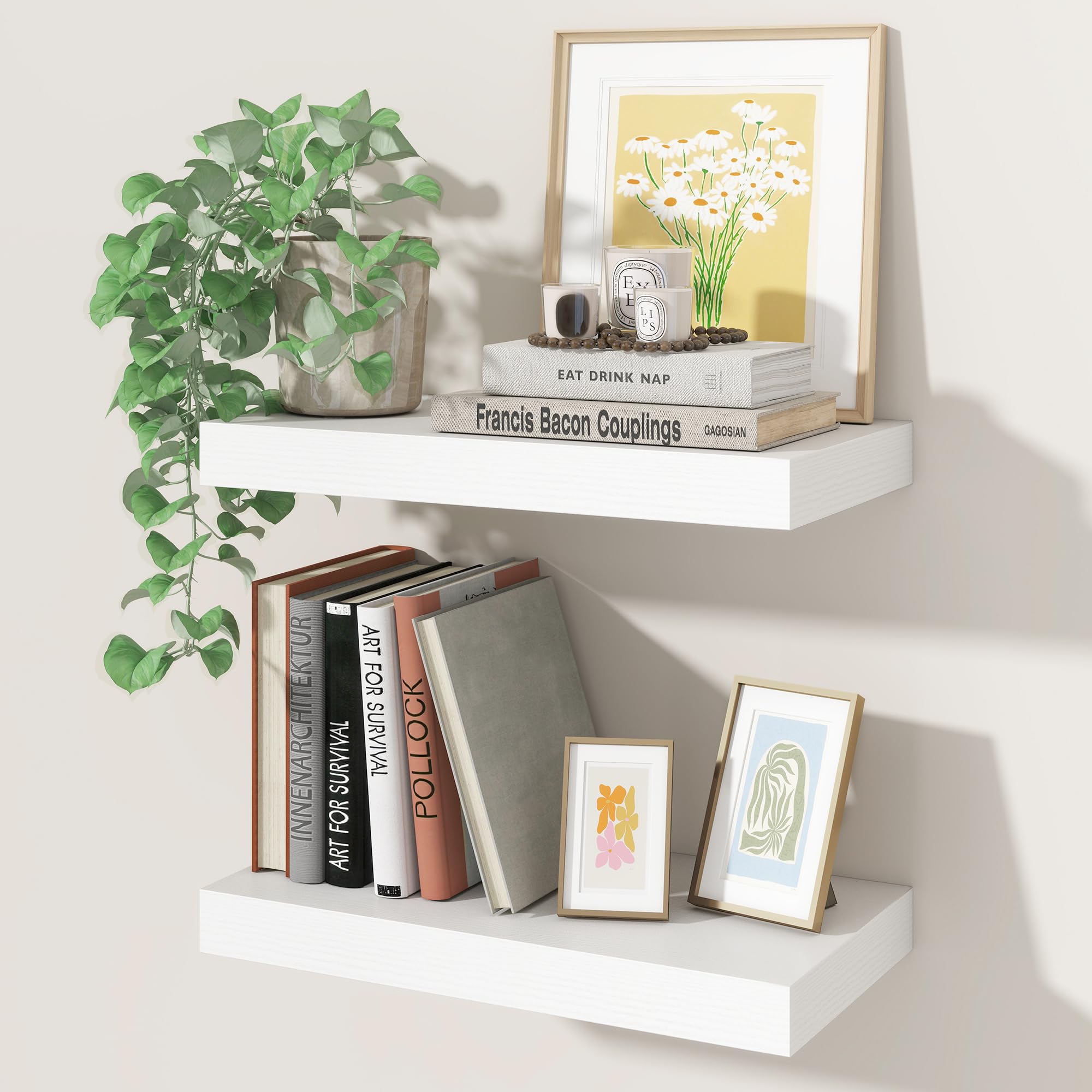 Floating Shelves Set of 2, 40cm Wooden Wall Shelves with Invisible Brackets