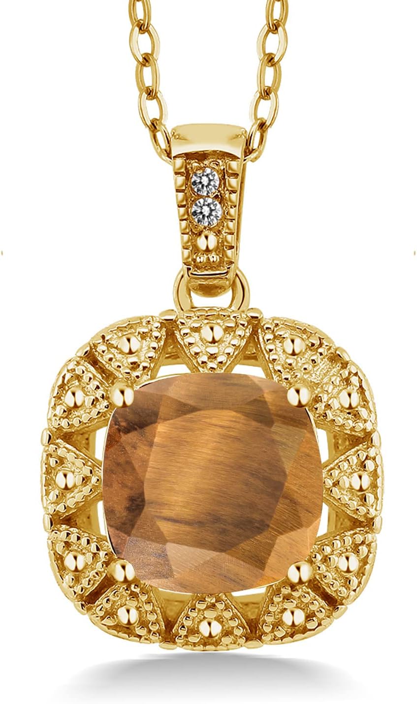 Gem Stone King 18K Yellow Gold Plated Silver Gemstone Birthstone and White Diamond Necklace | 8MM Cushion Cut Pendant Necklace For Women | With 18 Inch Chain