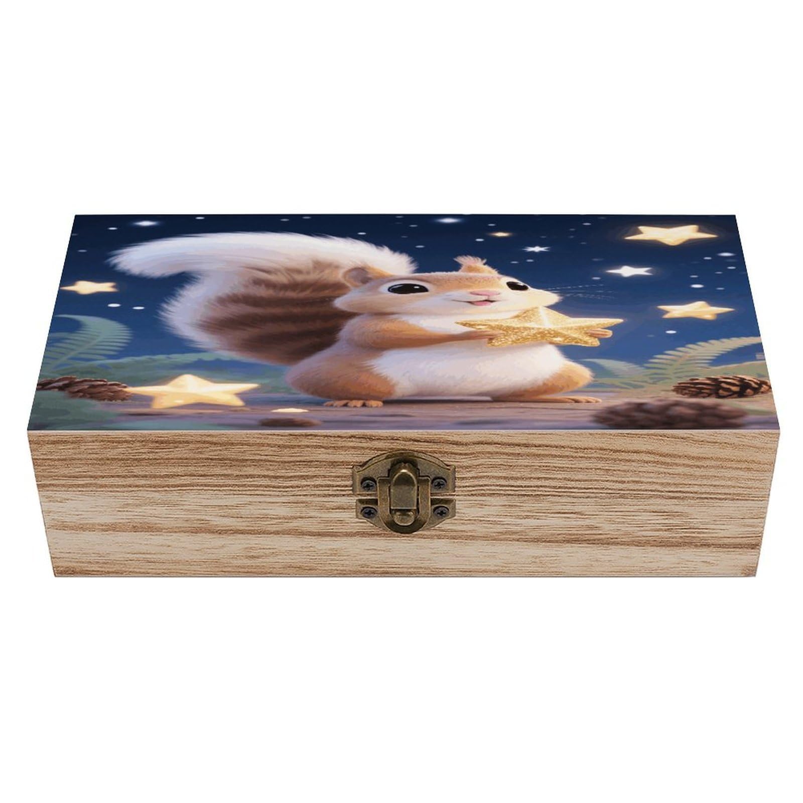 VstaDank Cute Squirrel Star Wooden Storage Box Vintage Style Wooden Storage Case with A Hinged Lid Memory Treasure Boxes Decorative Jewelny Photos for Organizer 7.9 * 3.7 * 2.3 Inch