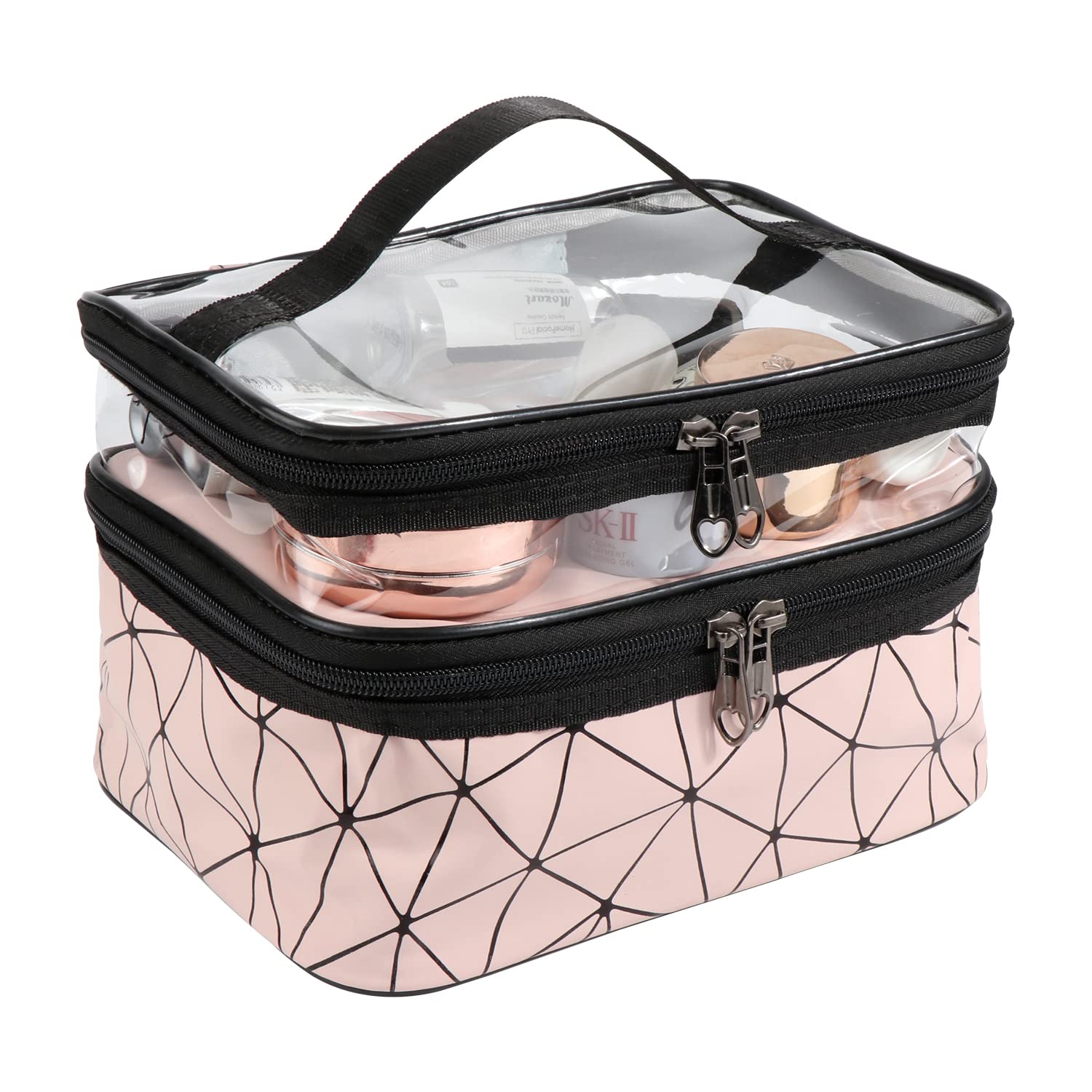 JSMTKJ Bolsa de Maquillaje de Viaje Portátil Bolsa de Cosméticos Neceser Impermeable Doble Capa Organizador de Artículos de Tocador con Cremallera para Almacenamiento Neceseres (Rosa)