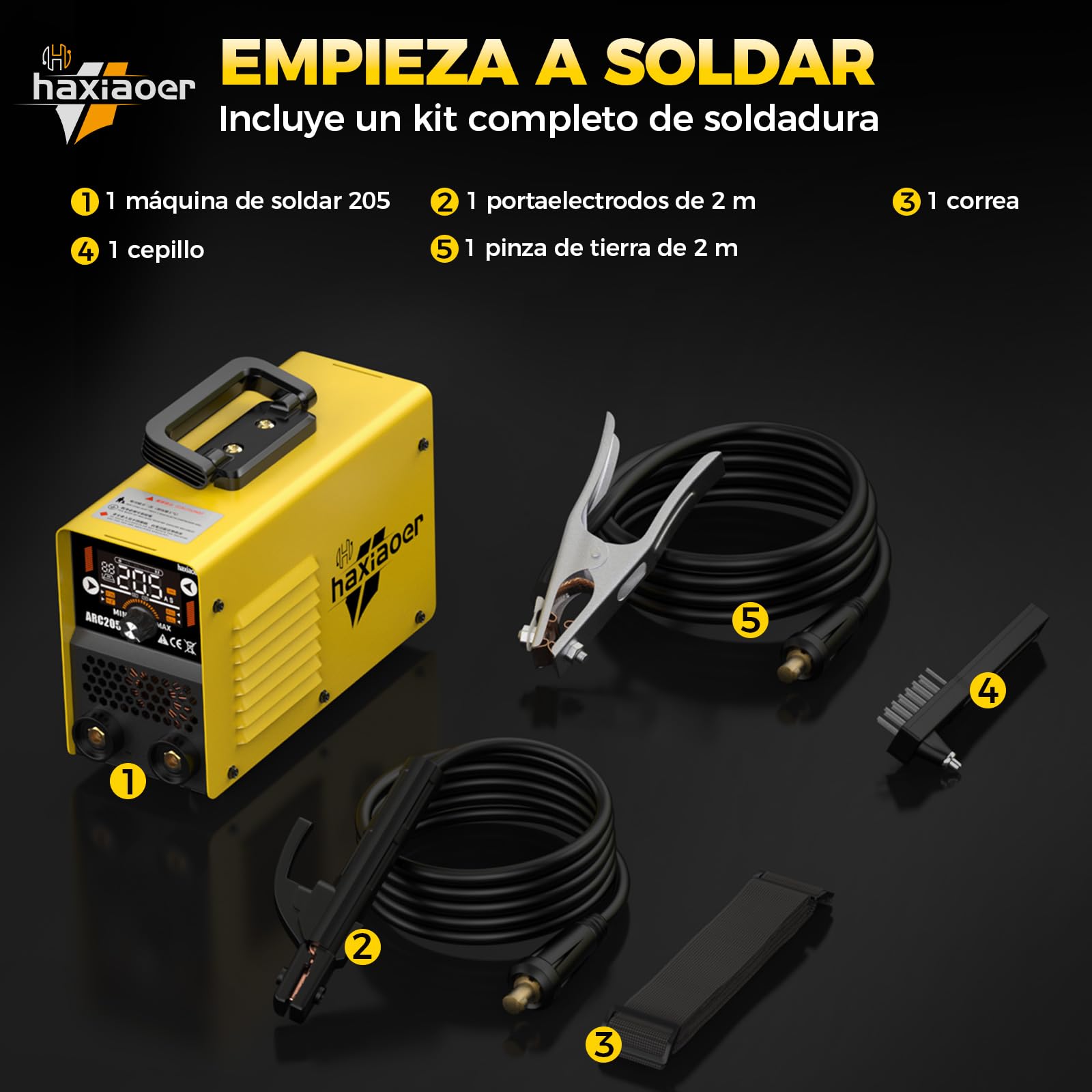 haxiaoer ARC205 spawarka elektrodowa – IGBT DC inwerterowa spawarka MMA/E-hand/Lift-TIG z 205 A, 203 V, wskaźnik LED, Anti-Stick, Hot Start, ARC Force, 10 elektrod