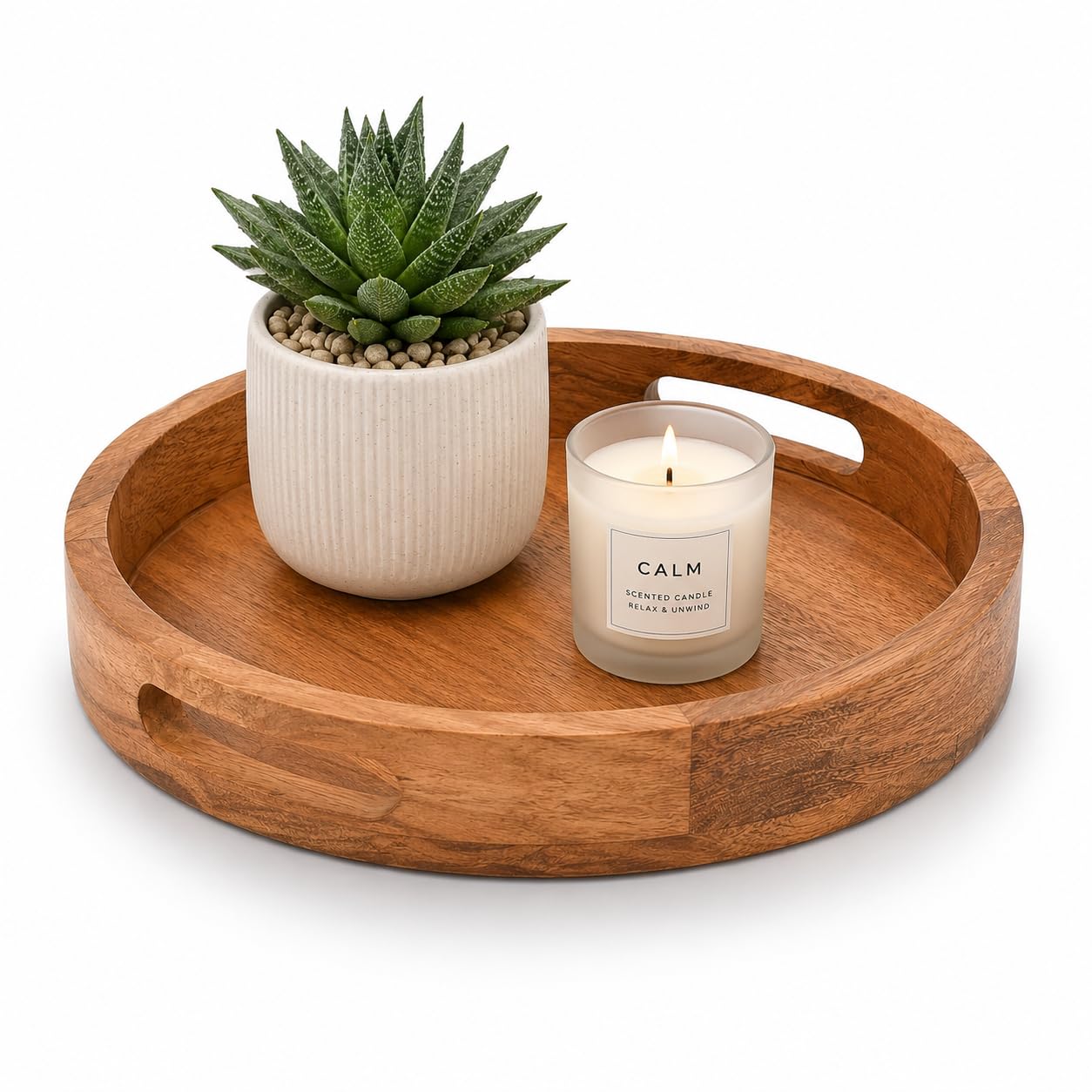 Round Wooden Serving Tray, 11x11 Inch Mango Wood, Brown – Decorative Coffee Table Tray with Handles for Ottoman, Breakfast, Charcuterie-picture-22