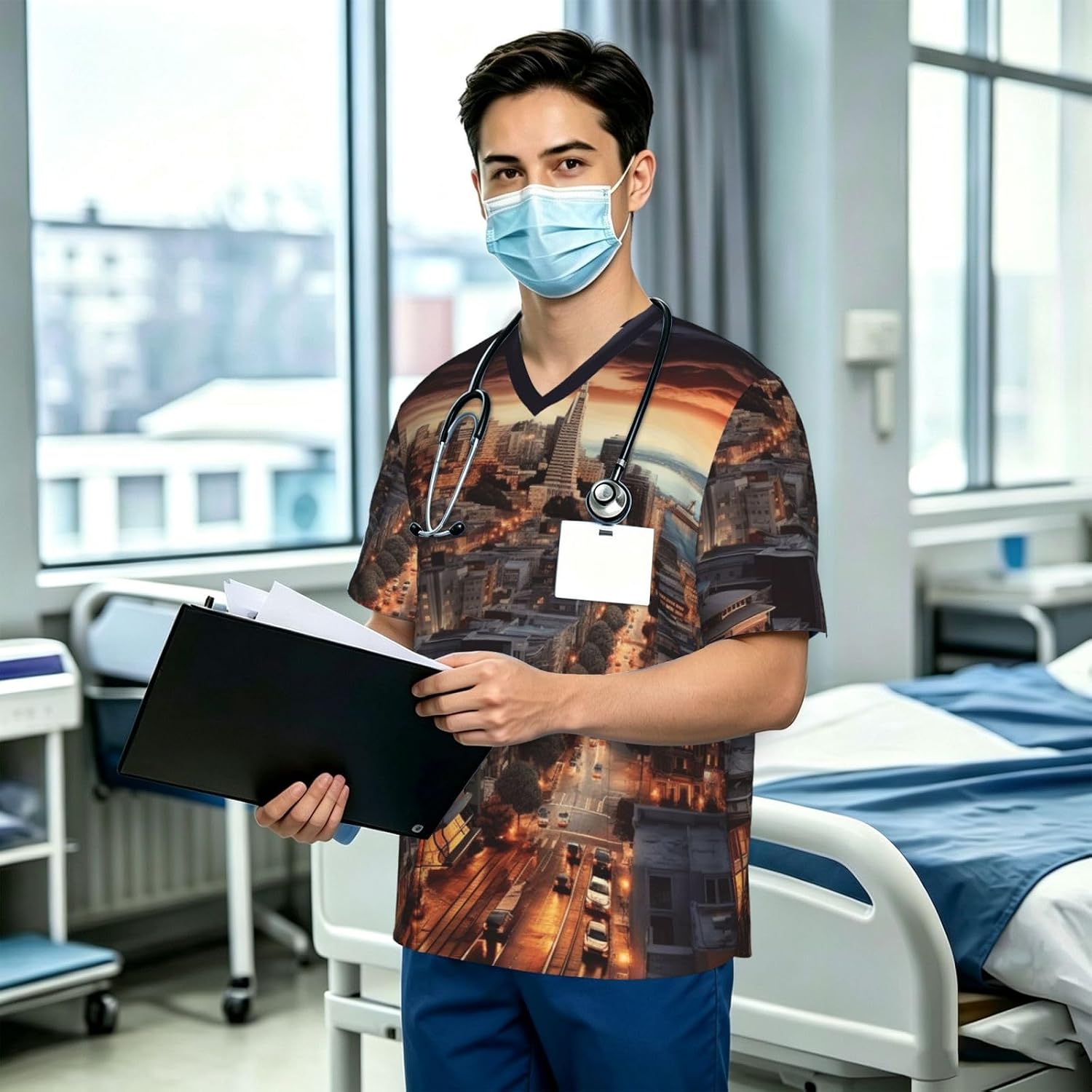 Professional Scrub Tops for Men, Classic V-Neck Workwear with 3 Pockets