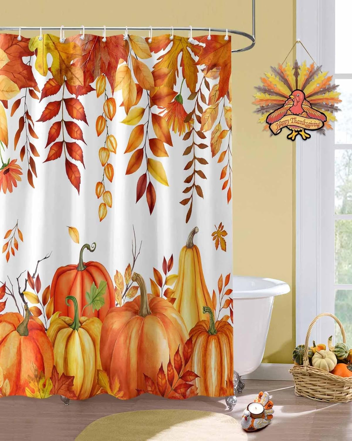 Burnt Orange Pumpkin Shower Curtain, Fall Maple Leaves Waterproof Shower Curtain Set Bathroom Shower Curtain with Hooks, Thanksgiving Orange Red Fallen Leaf Washable Bath Curtain for Bathtub, 72x72in