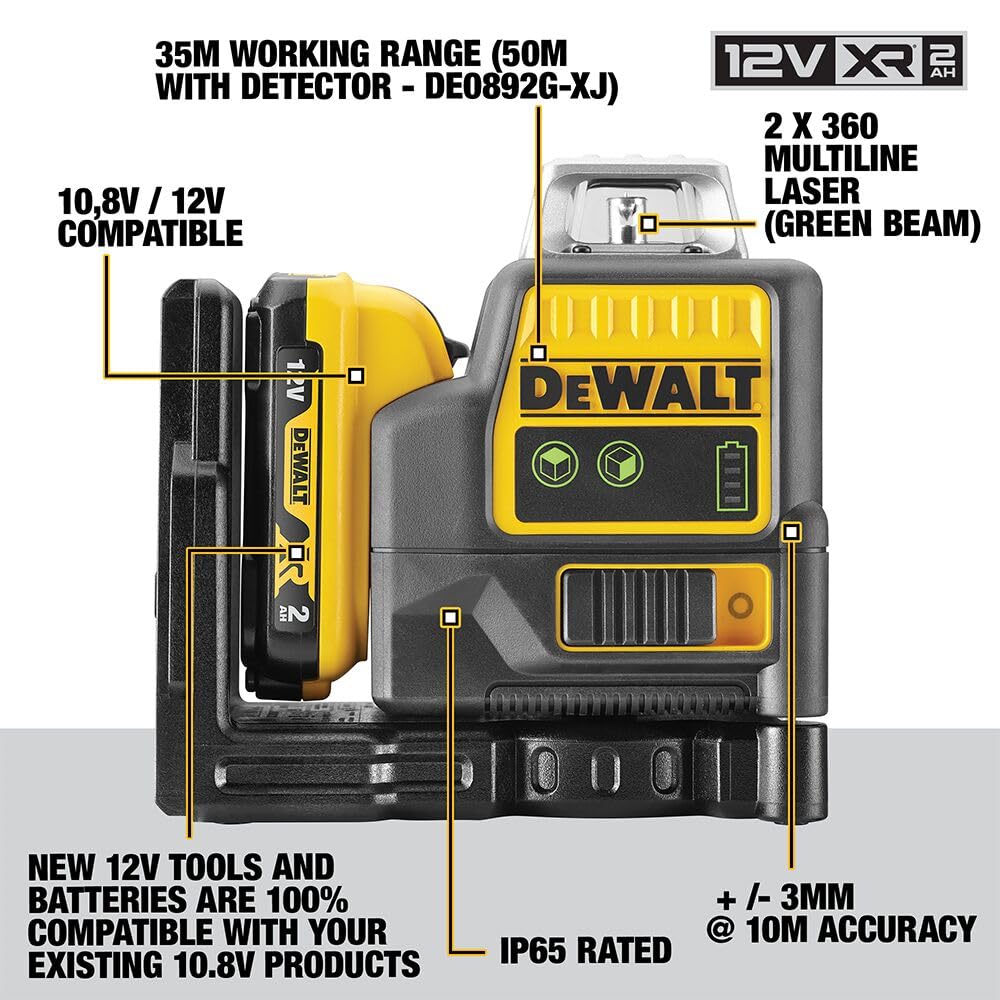 DEWALT DCE0811D1G-QW - Nivel Láser Autonivelante Verde, 2 Líneas 360°, Batería Li-Ion 2Ah XR 12V, Resistente IP65, Test de Caída 2m, Proyección Horizontal y Vertical, Incluye Pack de Batería 12V