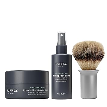 SUPPLY Mens Shave Accessories Set Ultra Lather Shaving Cream 3.4oz, Alcohol-Free Aftershave Spray 2 oz, and Synthetic Shaving Brush Fragrance Free/Classic Matte