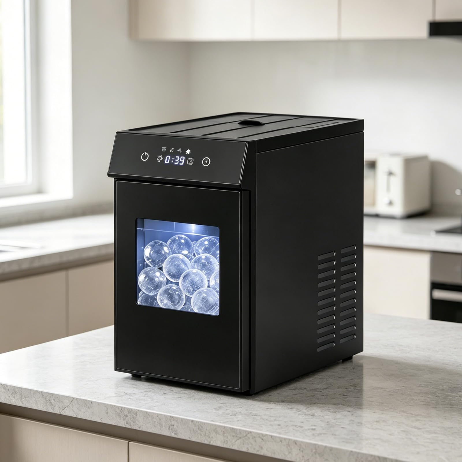 LIFEZEAL Macchina Ghiaccio 48 Pezzi/24h, Sferico da 50 mm | Produttore di Ghiaccio Autopulente con Paletta, Serbatoio, Timer 8h, Ice Maker Rotondi per Casa, Ufficio, Bar e Aperitivi
