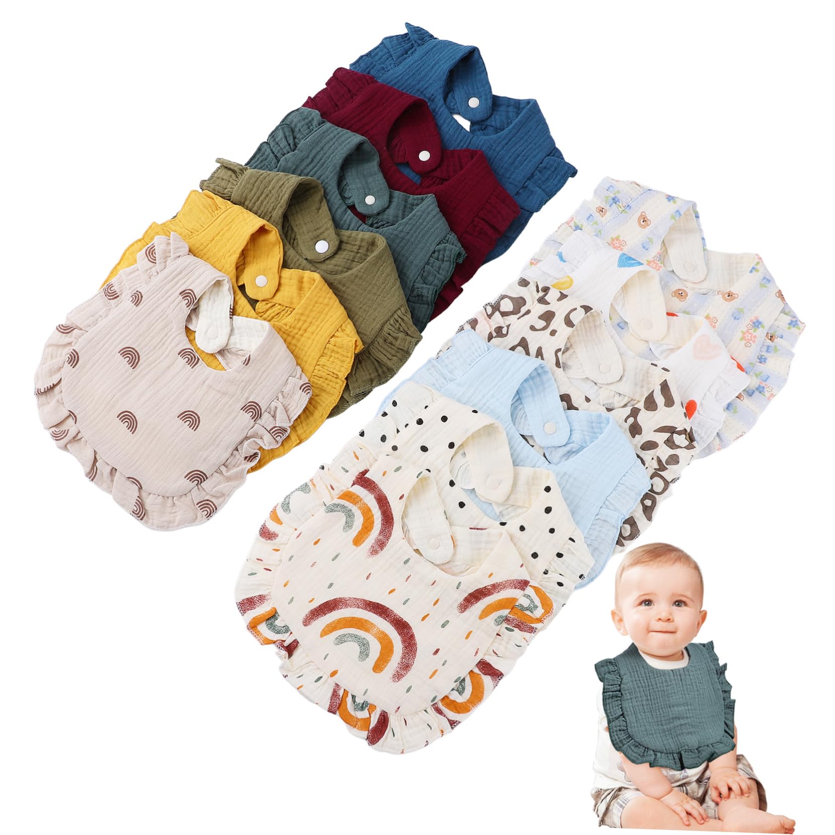 Beaupretty 12 Stück Sabberlätzchen Absorbierende Muslin für Neugeborene Kleinkinder Praktische Designs mit Druckknopfverschluss Waschbar Langlebig