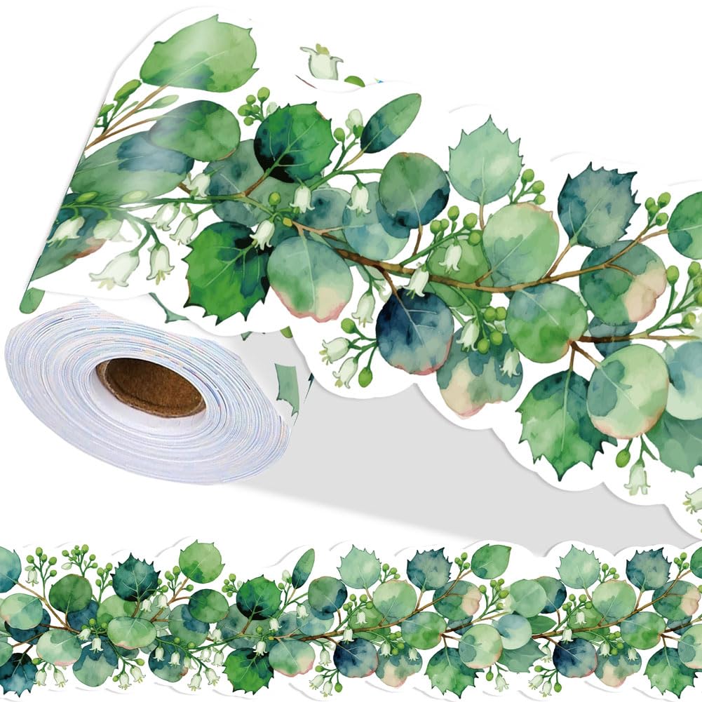 PRESSINART Eucalyptus Bulletin Board Border Bulletin Border Trim 197 x 4 Inch Green Leaves Pattern PVC Decorative Self Adhesive Stickers for Bathroom Laundry Kitchen Party Offices Home Decoration