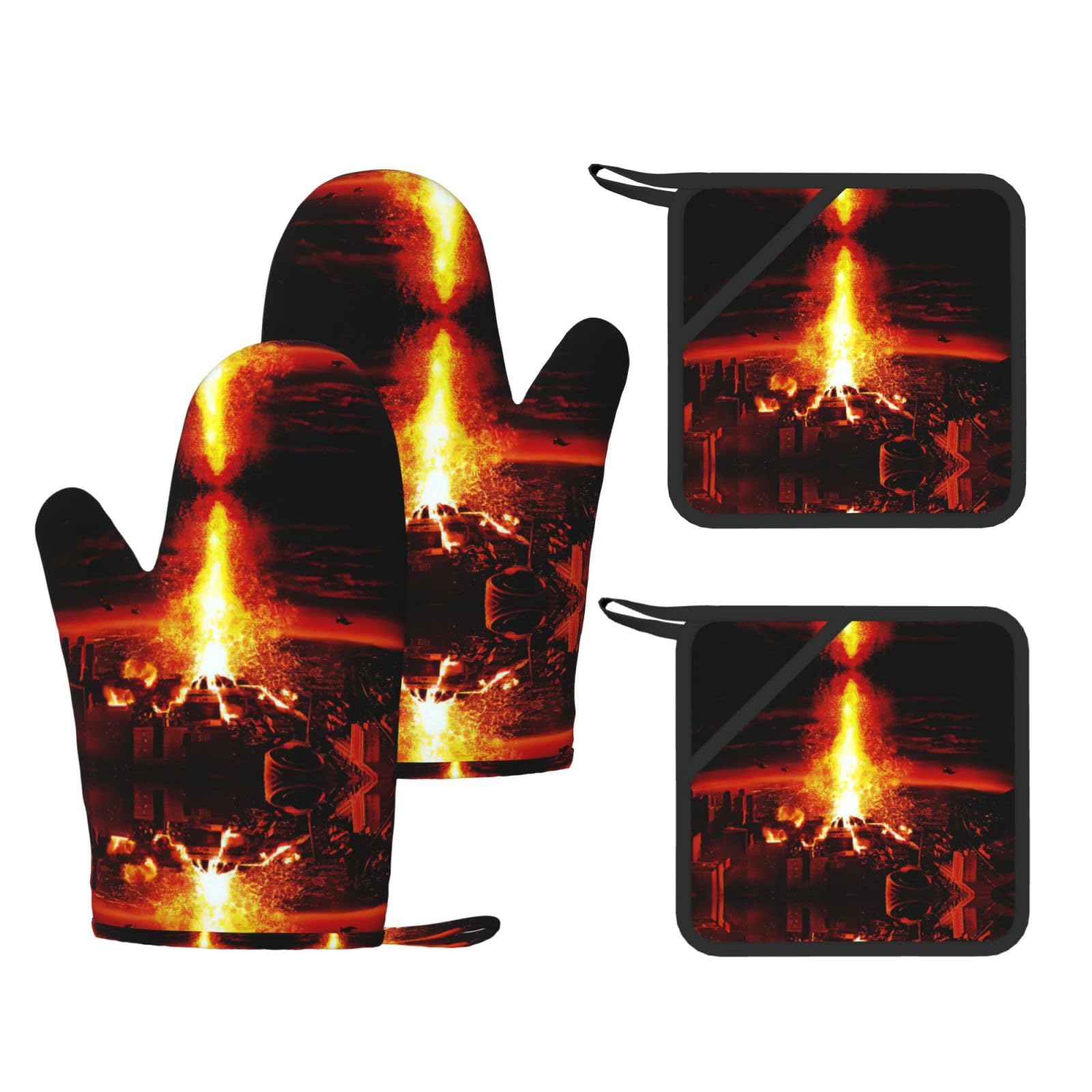 Volcano Trendy Printed Kitchen Set with Heat Resistant Gloves & Non-Slip Hot Pads for Baking & Grilling