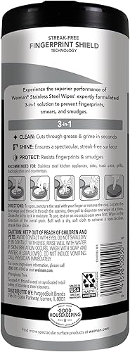 Vista 2 de Weiman Limpiador de acero inoxidable, 30 toallitas de limpieza, elimina la suciedad, la suciedad y la grasa, sin rayas ni residuos, pulido de acero