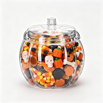 HANZE Pumpkin Shaped Candy Jar, Plastic Container with Lid - Clear 1 Pack | Treats, Back to School and Teacher Appreciation Gifts, Party Ornaments, Halloween Decorations, Gift Box