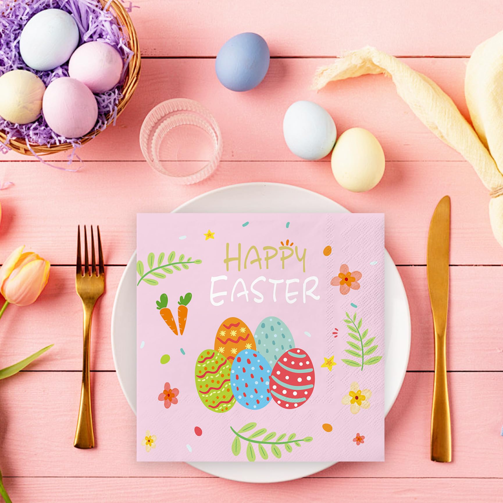 20 Serviettes De Pâques Jetables - Motif Œufs Colorés - Papier 3 Plis - Pour Décoration Table, Fête, Invités