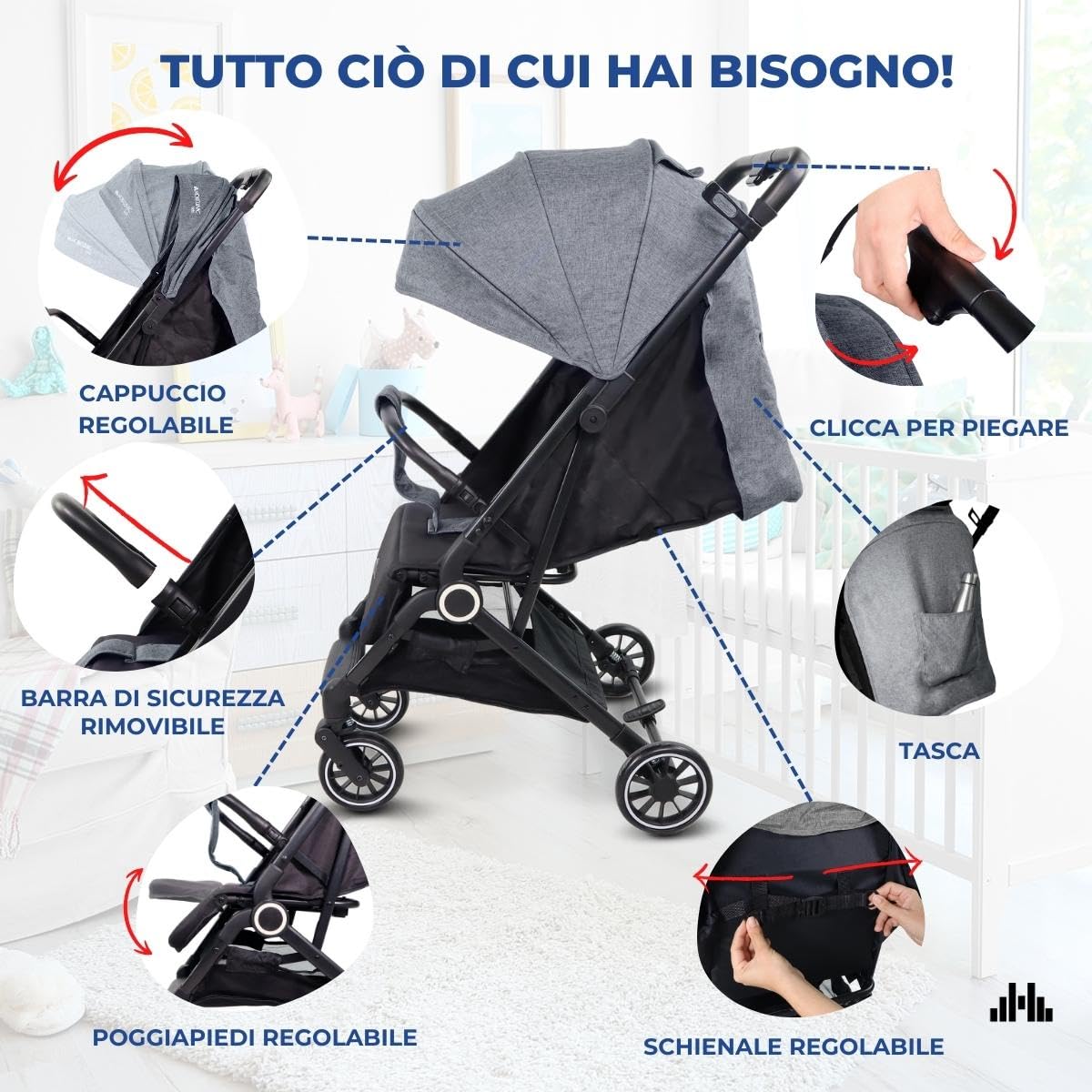 Mobiclinic®, Passeggino Leggero, Ultra Compatto, Imbracatura a 5 Punti, Manubrio Monomaniglia, Carrello Pieghevole, Cestino, 0-36 Mesi, Regolabile, Cappottina Pieghevole, Freni con Blocco, Trip