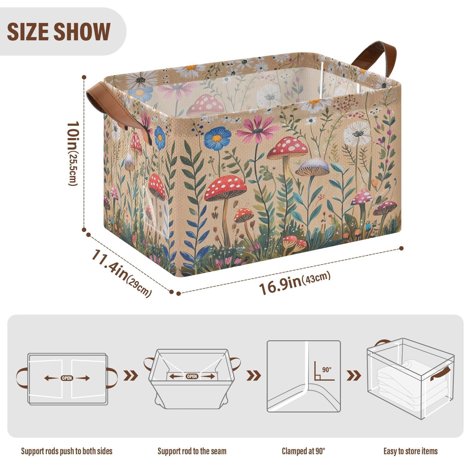 Kigai Mushroom Wildflowers Storage Basket with Handles Collapsible Fabric Storage Bins Kid Toy Basket Closet Organizer Foldable Decorative Boxes for Nursery Bedroom Office