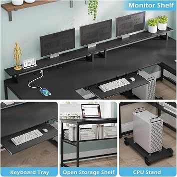 SEDETA 101.5''Reversible L Shaped Desk with Drawer for Home,Black | U Shaped Desk Office with Power Outlet,Computer with Monitor Shelf,Two Person Desk with Keyboard Tray