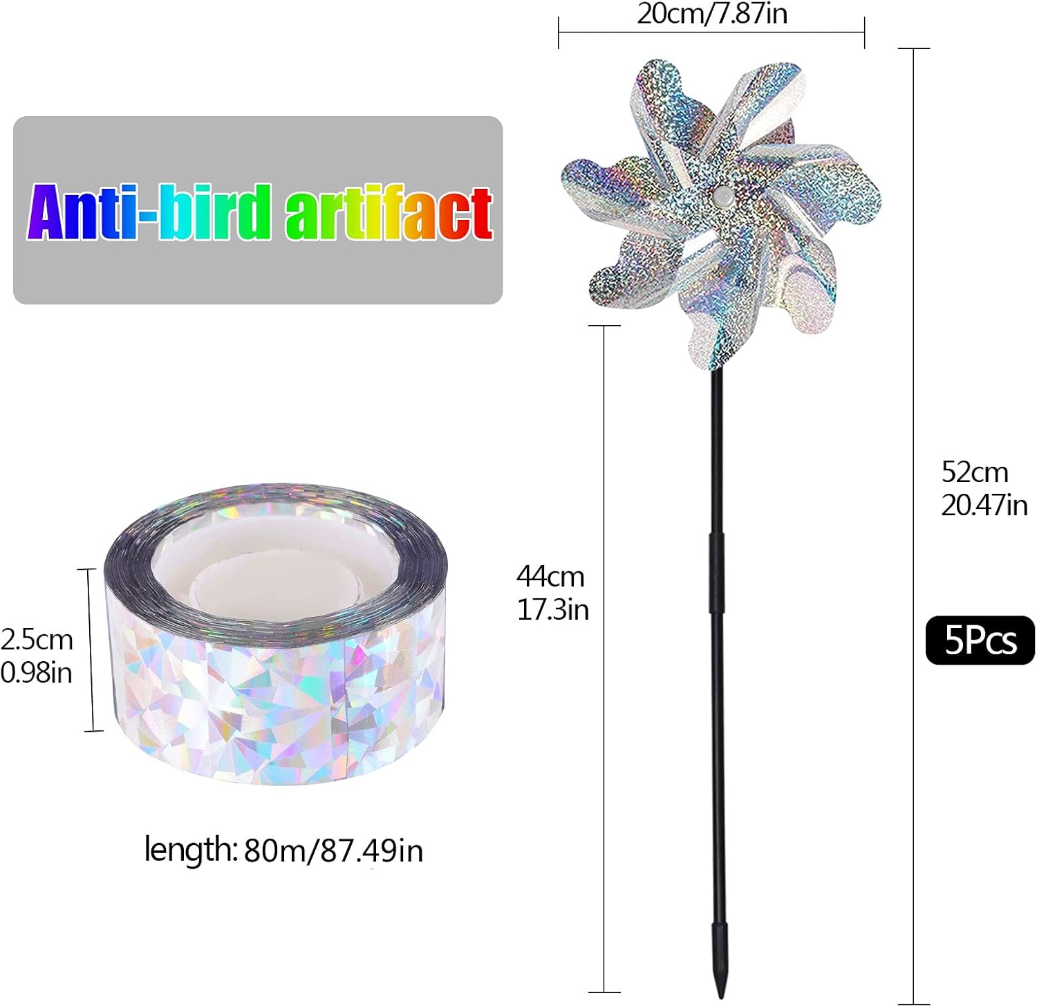 5 Pcs Reflective Pinwheels Birds Deterrent with 80m Reflective Scare