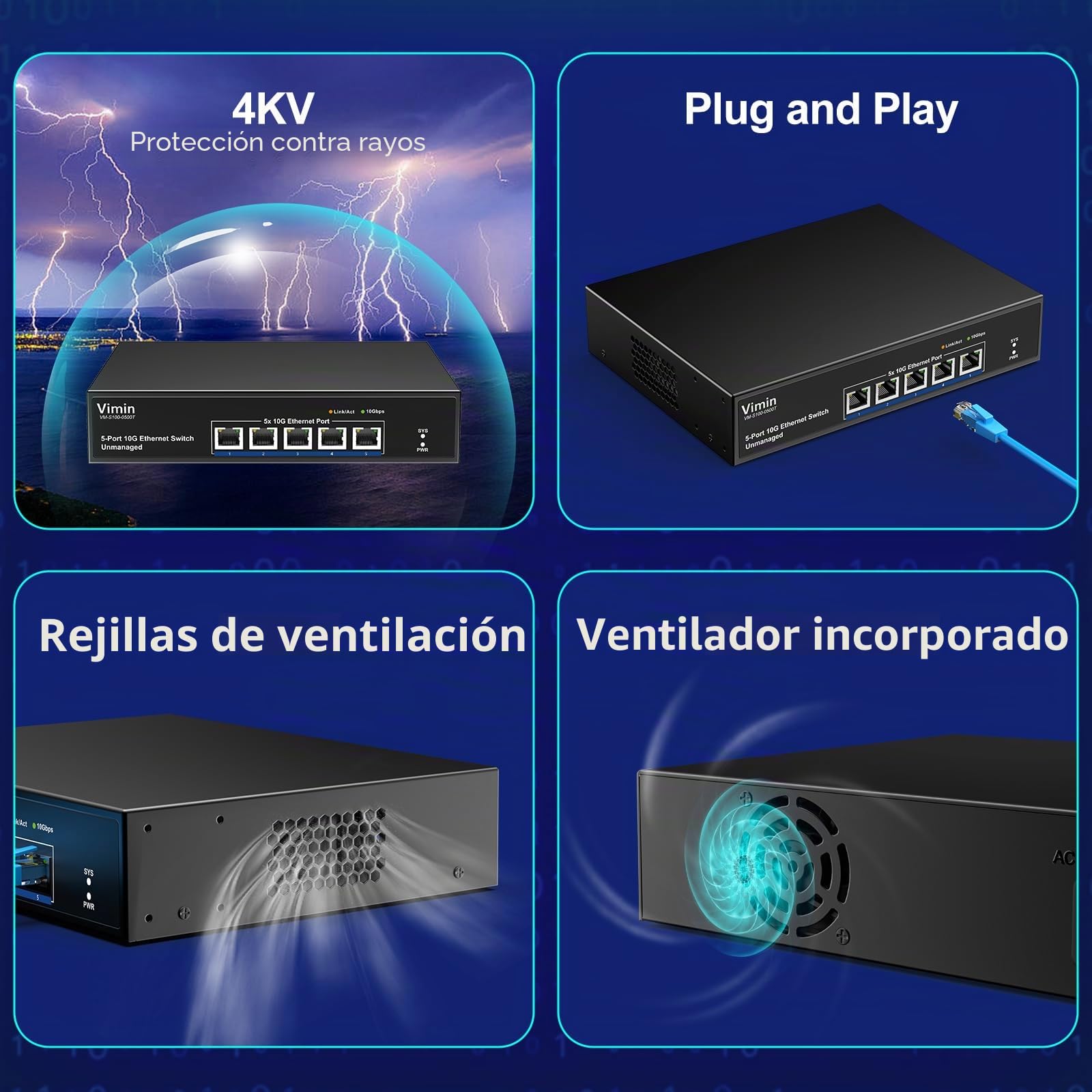 Switch Ethernet no Gestionado de 5 Puertos 10G, Switch de Red VIMIN 10Gbe Que Admite la Negociación Automática de Velocidades 100M/1000M/2,5G/5G/10G, para Red NAS 10G, Plug & Play, Capacidad 100 Gbps