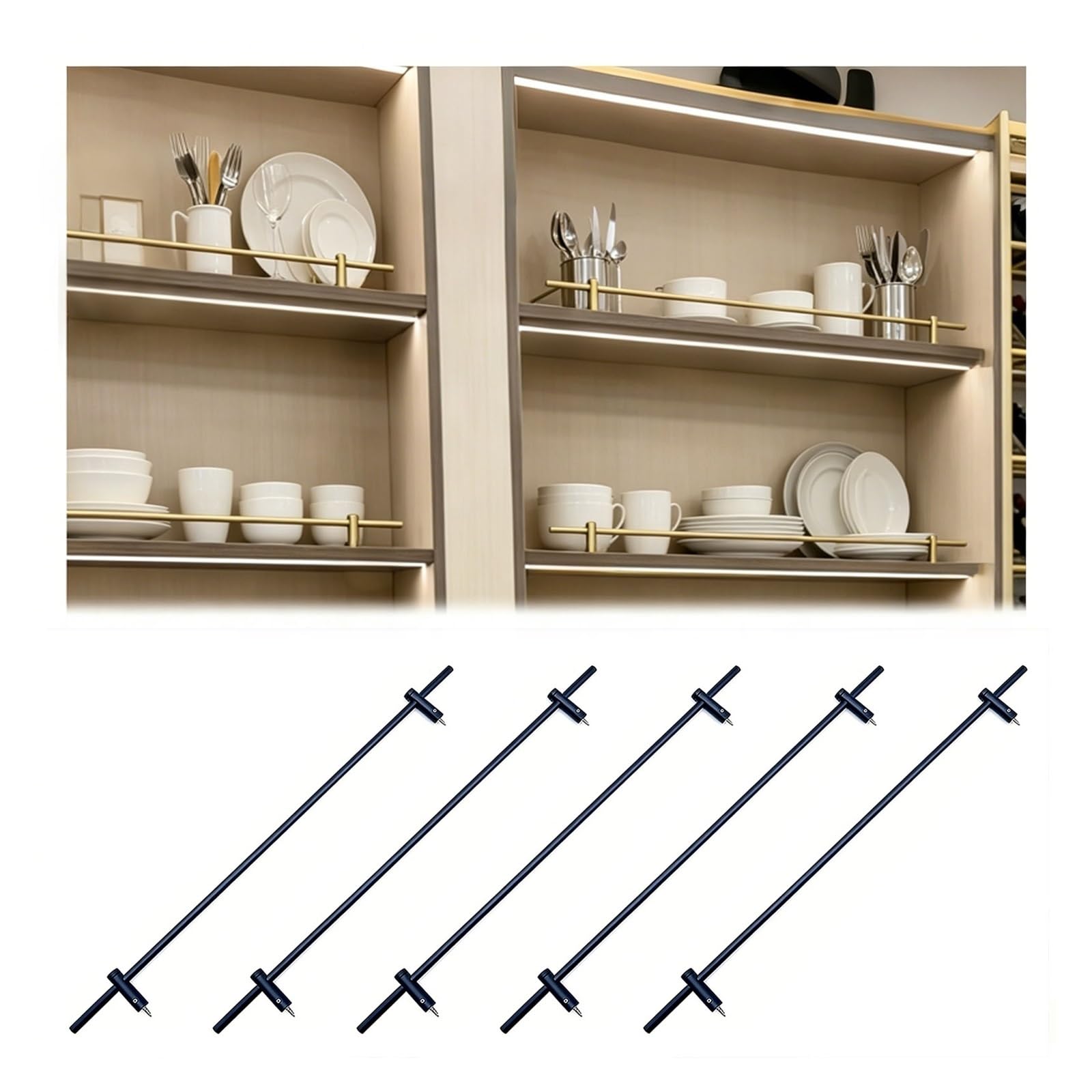 Tyzlup Black Kitchen Cabinet Shelf Guard Rail, 5 Pcs Aluminum Alloy Round-Tube Guardrail, Metal Decorator Guard Railing Bar For Pantry, Retail Shelf, Bookcase(,66Cm(26In))