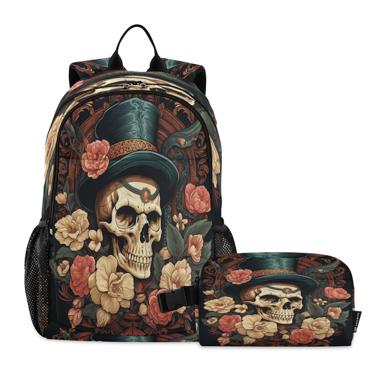 Sac d'école léger avec motif fleurs et crâne pour le collège - 8