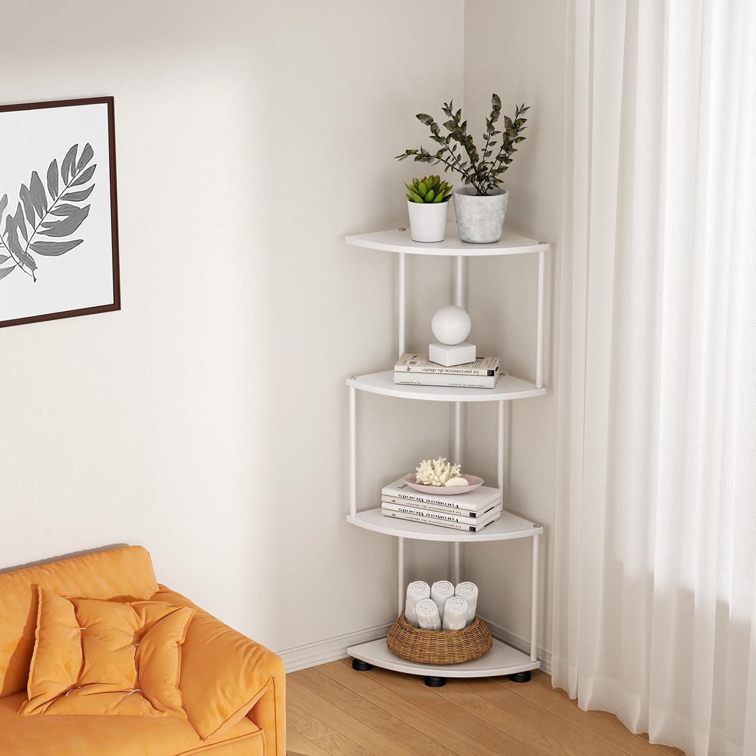 haomsj Metal Corner Shelf Stand 4 Tier 41",Sturdy Baking Paint Process Corner Shelves Display Shelf for Living Room Decor,Wall Corner Bookshelf Office Small Space (White)