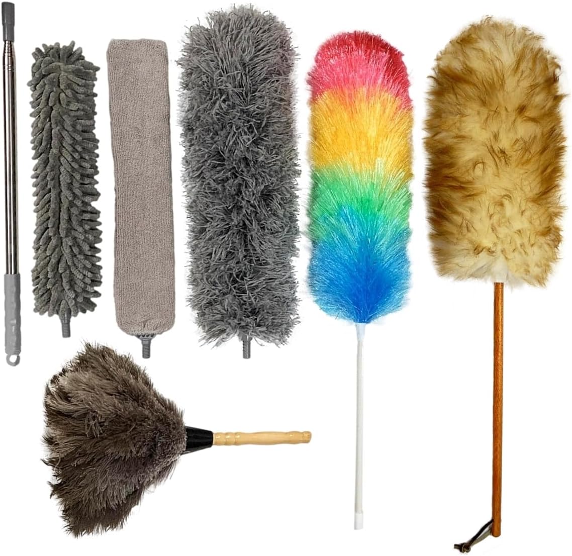 (New) Alta Dusting Products 7-Piece All Duster Combo Set (3 Microfiber Duster Heads with Extention Pole + Synthetic (Rainbow) Duster + Lambs Wool Duster + Ostrich Feather Duster)