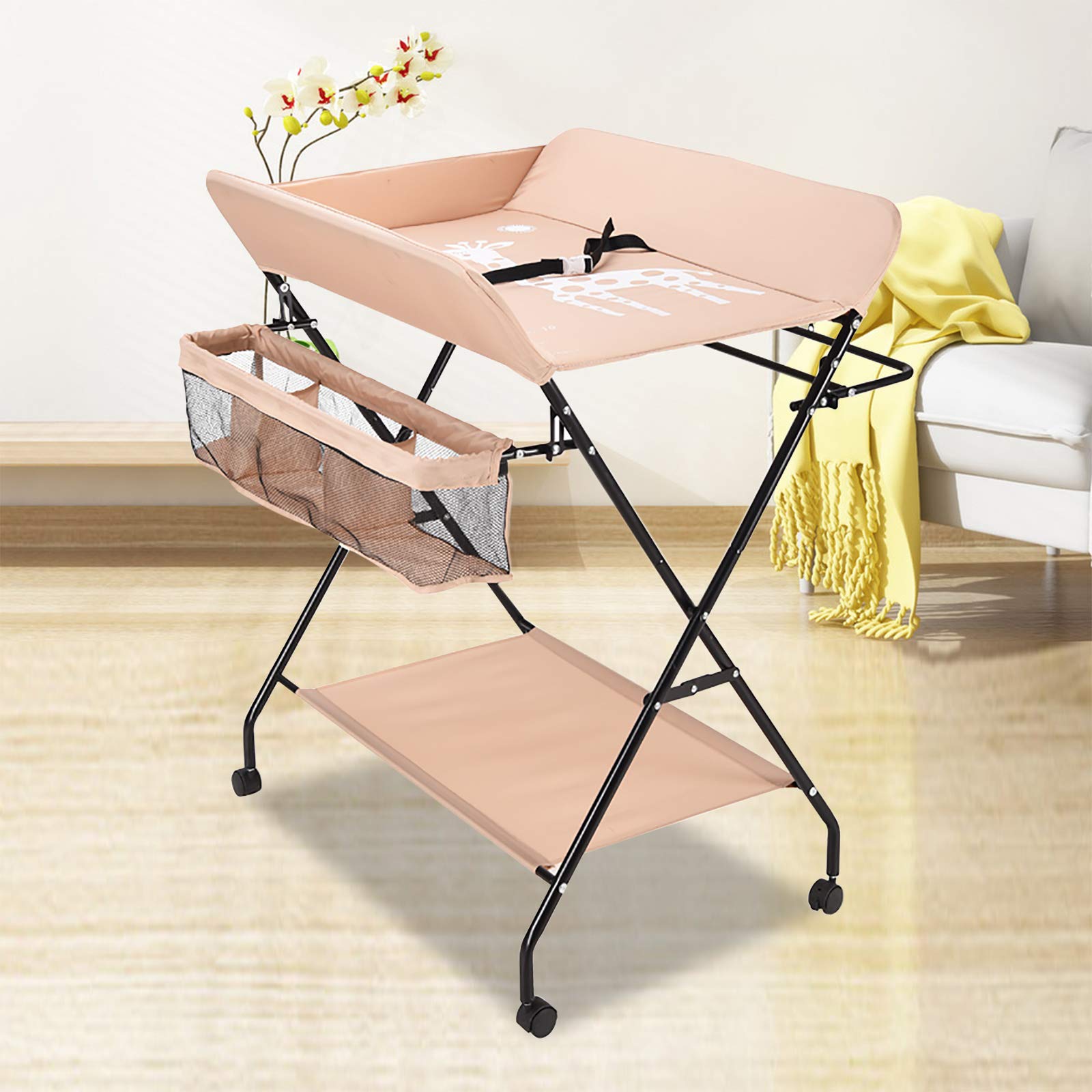 Table à langer Baignoire Pliable, Commode Mobile, Station à Langer avec Ceinture de Sécurité et Compartiments de Rangement