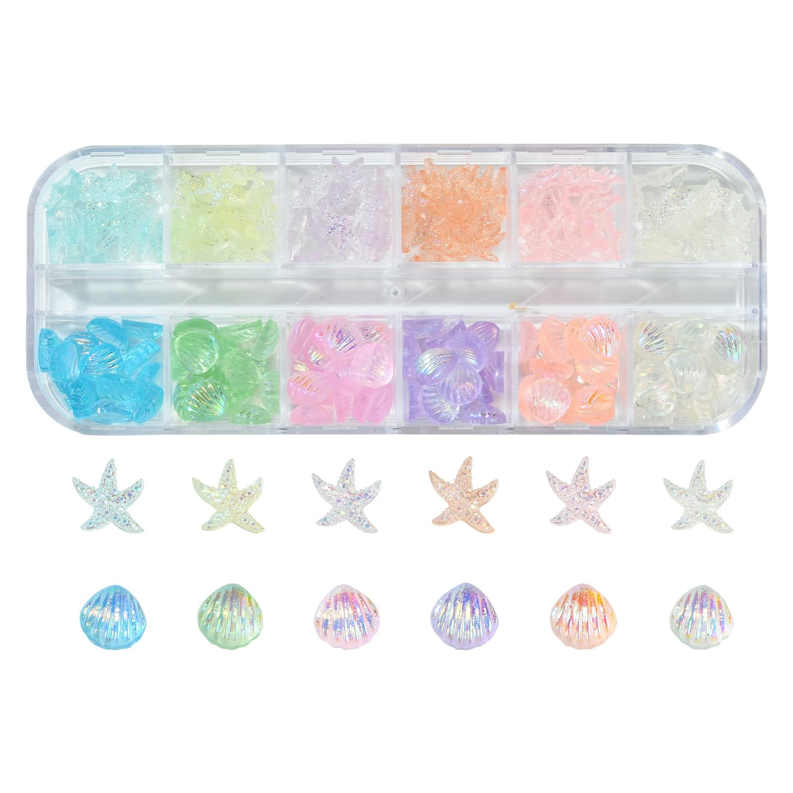 UR URLIFEHALL 180 Pcs 12 Styles Iridescent Resin Cabochons Flatback Starfish Shell Embellishments for Nail Art Crafting Fishbowl Vase Decor