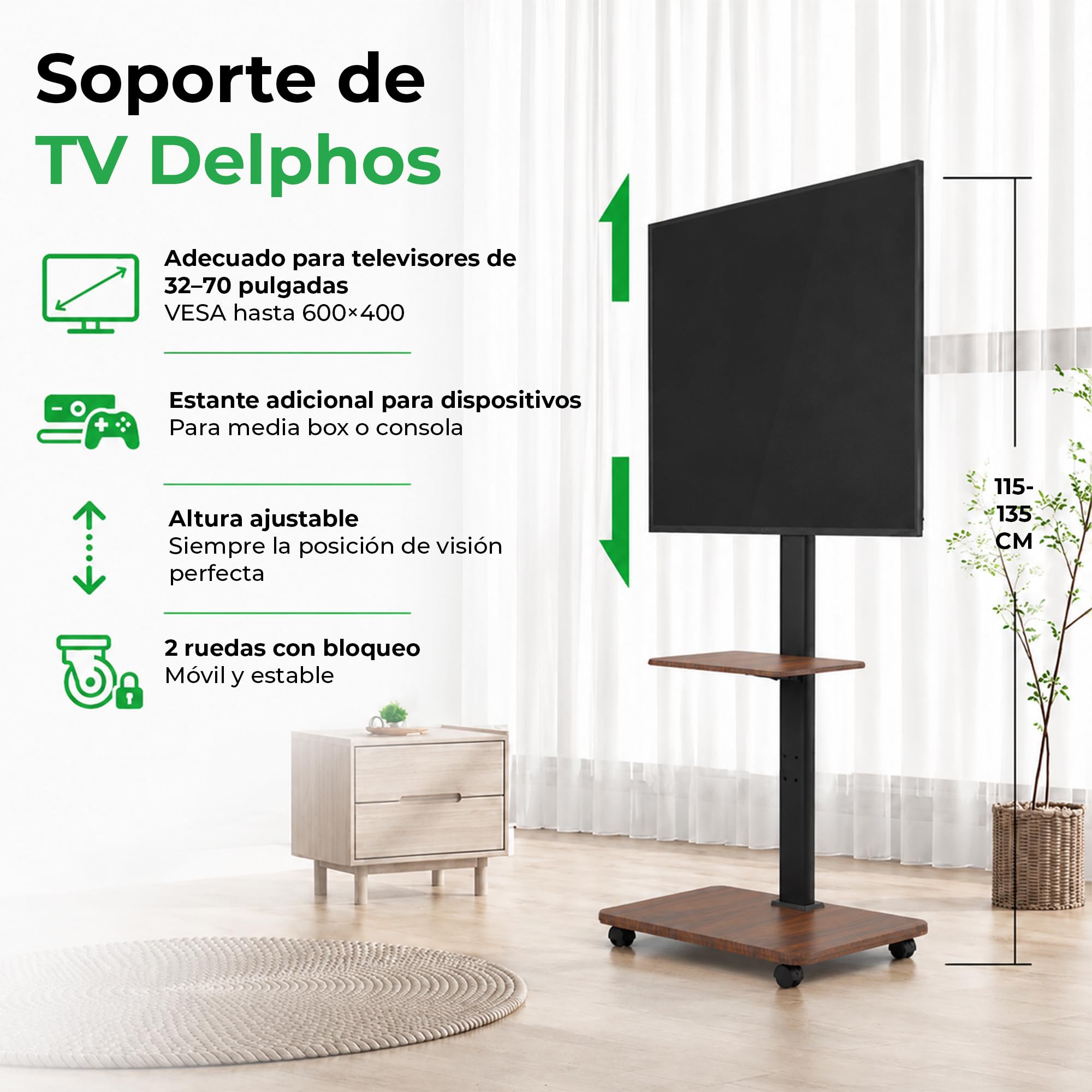 Soporte TV Pie Portátil Delphos con Base de Madera, Soporte TV Ruedas, para TV de 32-70" y hasta 45 kg, TV Stand Regulable en Altura hasta Aprox. 130 cm, Giratorio ±25°, VESA MAX. 600x400